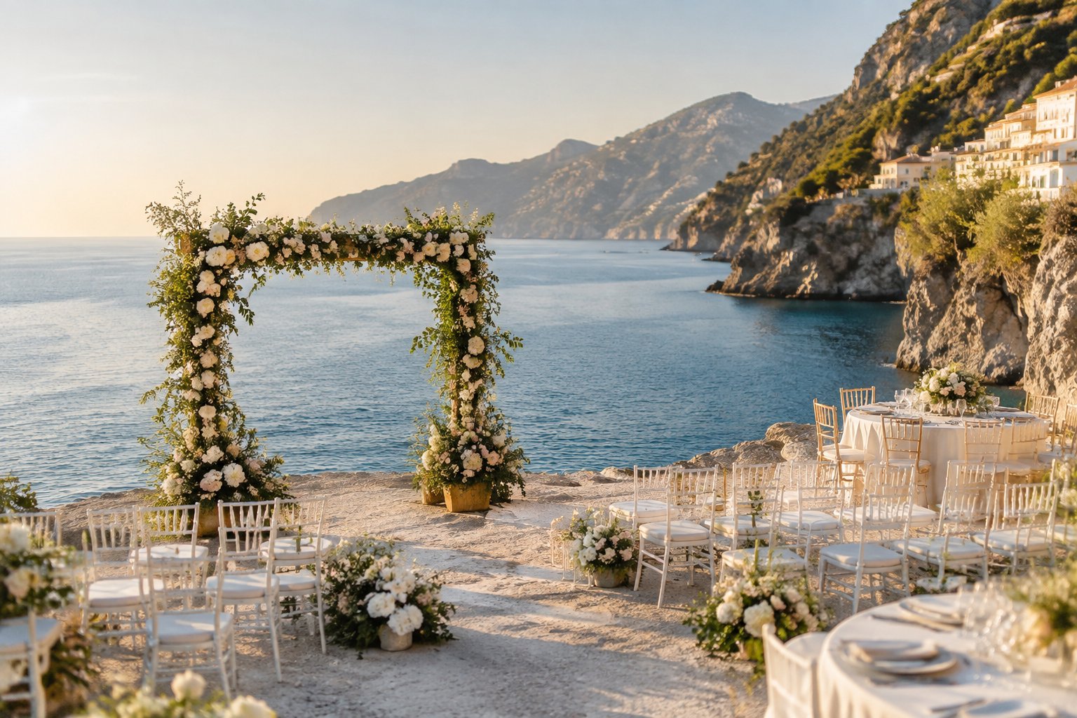 An elegant seaside wedding ceremony arranged on an Italian beach overlooking turquoise water.