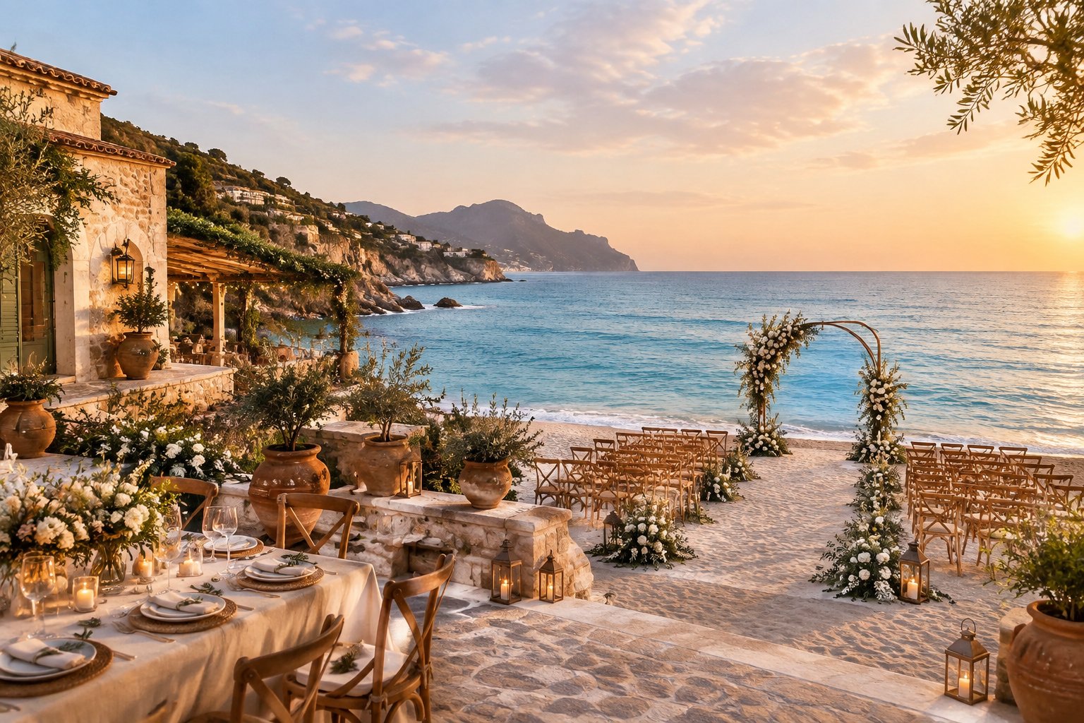 An elegant wedding ceremony and reception setup on an Italian beach beside the turquoise sea.