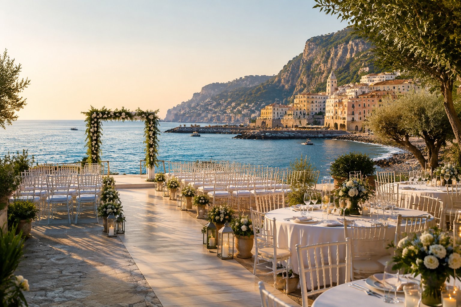 An elegant wedding ceremony setup on an Italian beach overlooking the Mediterranean Sea.