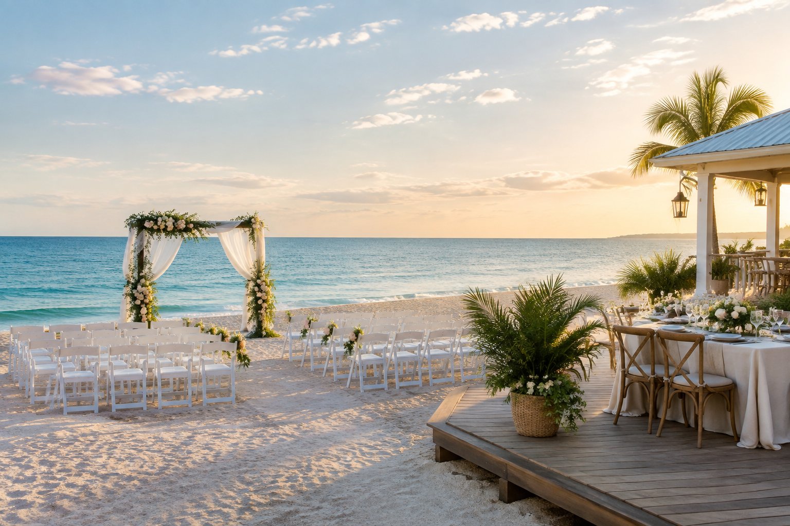 An elegant beachfront wedding venue with a white ceremony arbor, rows of chairs, floral arrangements, and a coastal reception terrace.