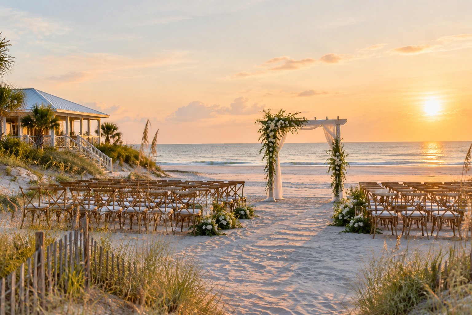 An elegant wedding ceremony setup on a sandy Southeast beach beside calm ocean water.
