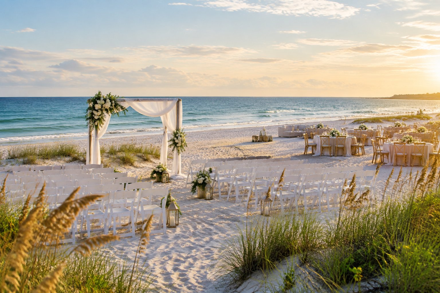 Elegant wedding ceremony setup on a sandy southeastern beach overlooking the ocean.