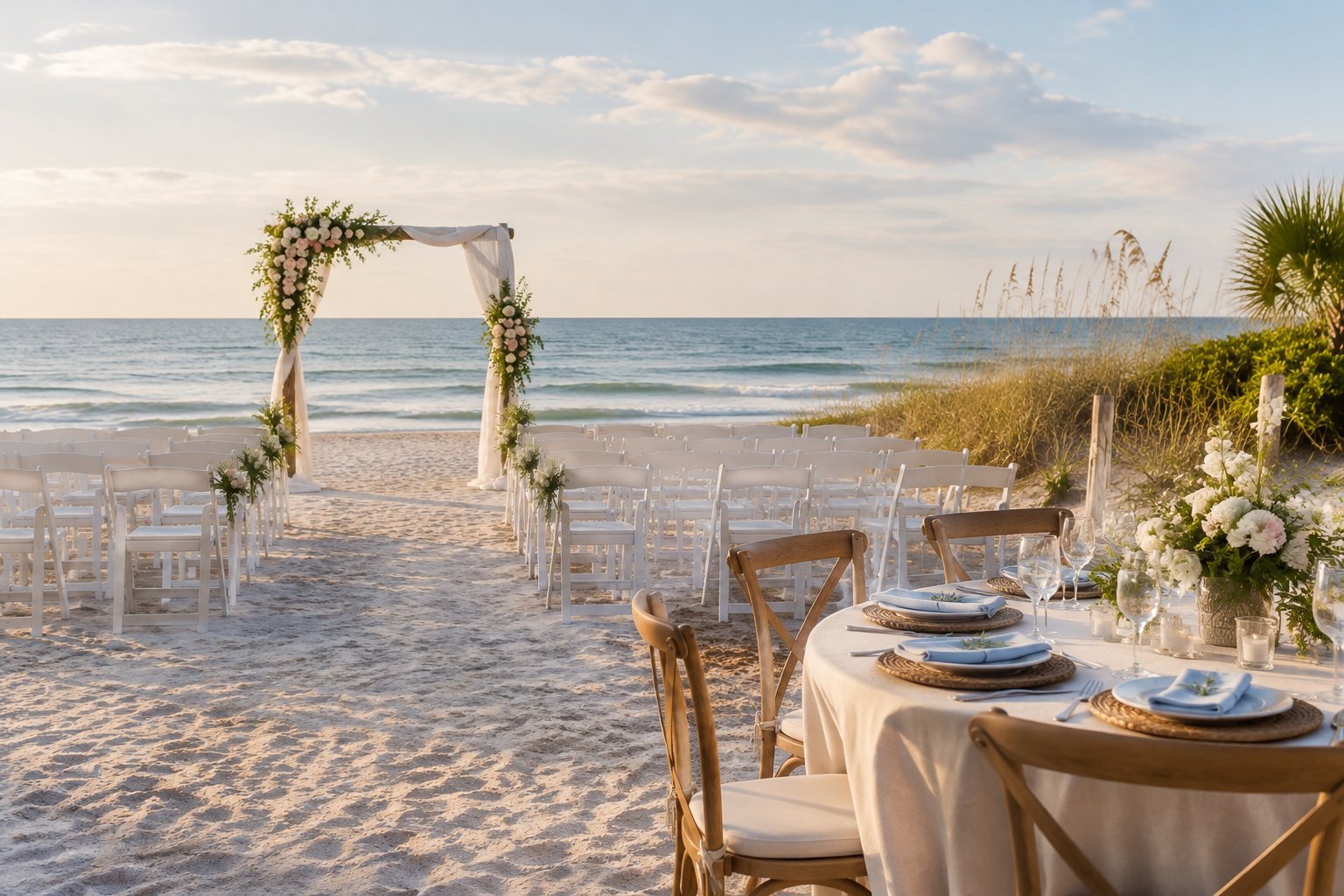 A decorated beach wedding ceremony and reception setup beside the ocean.