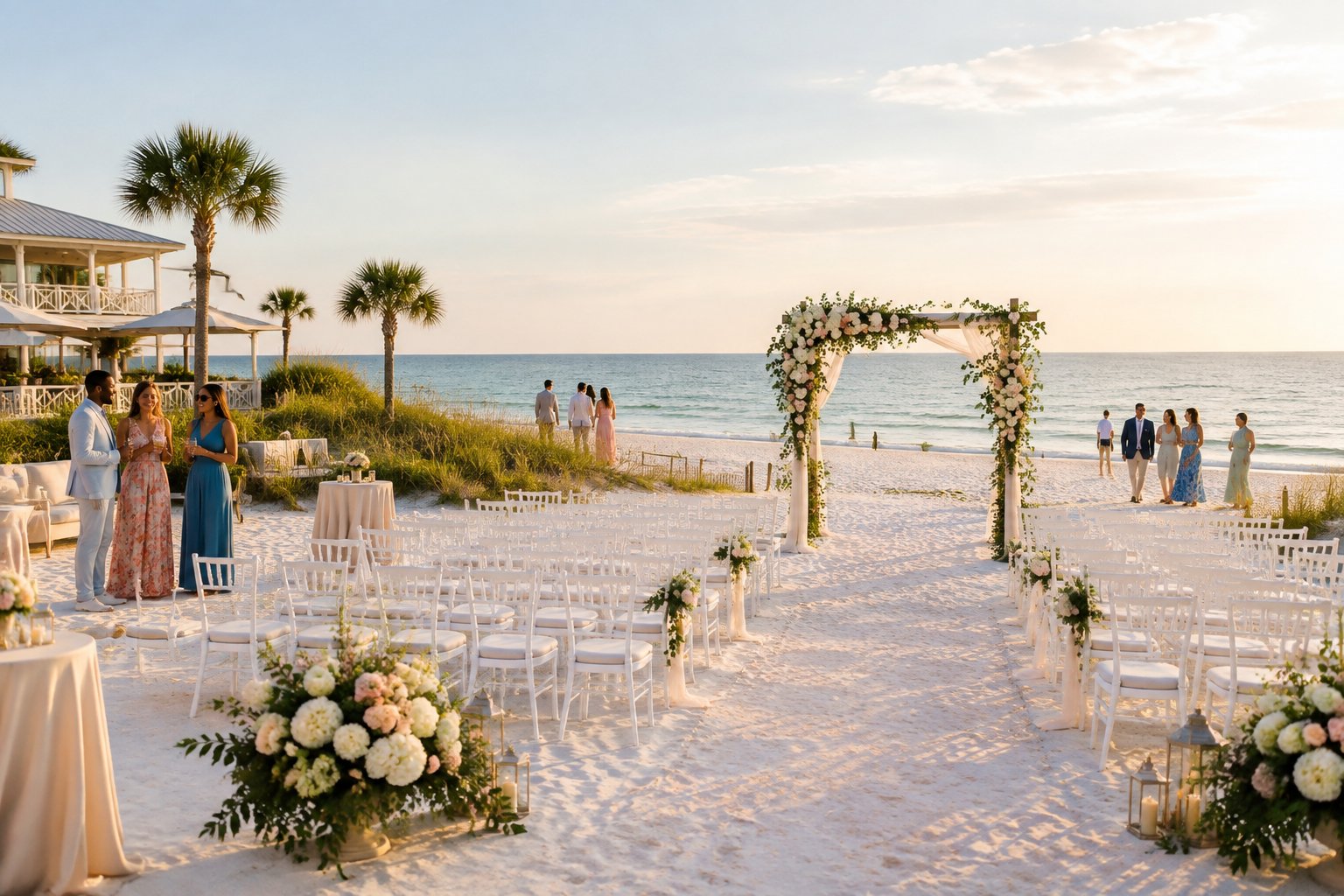 Wedding guests gather beside an elegant beach ceremony setup overlooking the ocean.