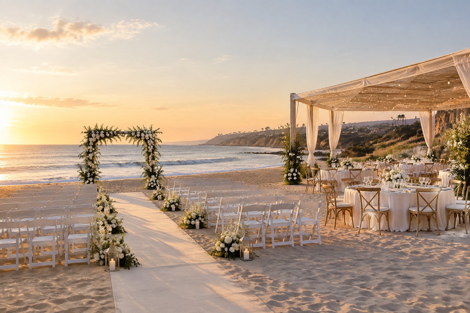 An elegant beach wedding ceremony and reception setup overlooking the Pacific Ocean near Los Angeles.