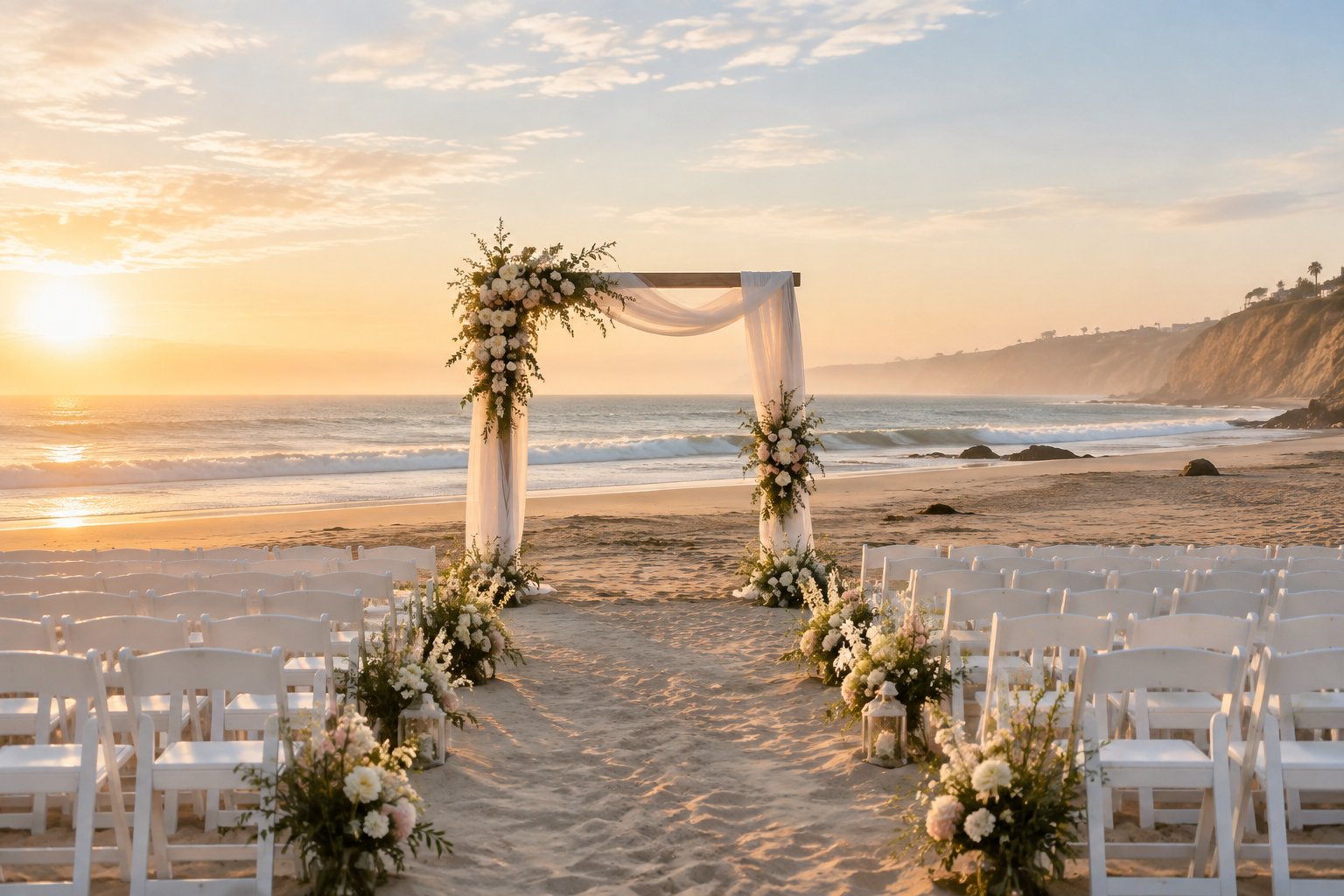 Elegant wedding ceremony setup on a sandy beach beside the Pacific Ocean.