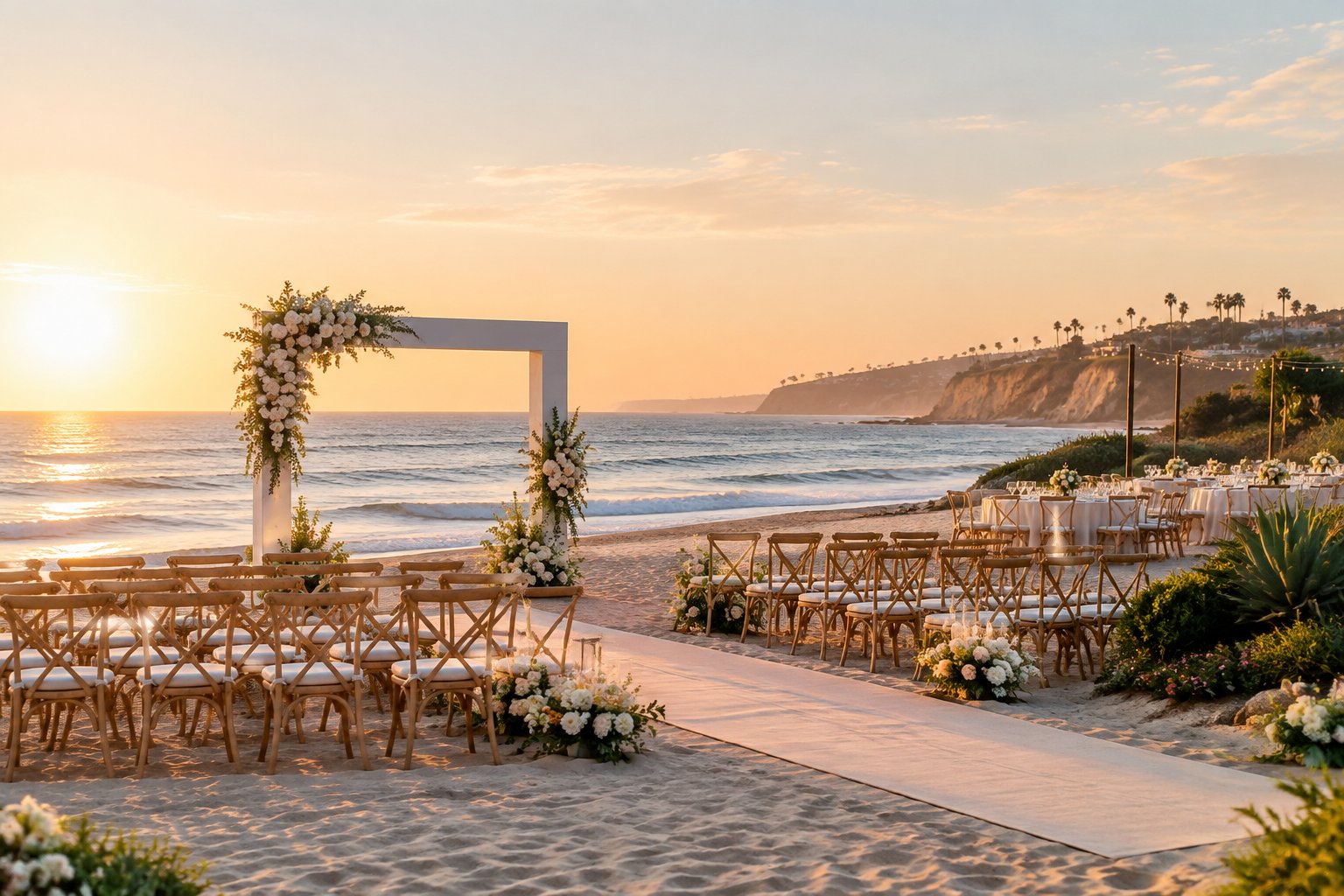 An elegant wedding ceremony setup on a beach with ocean waves and a decorated arch.