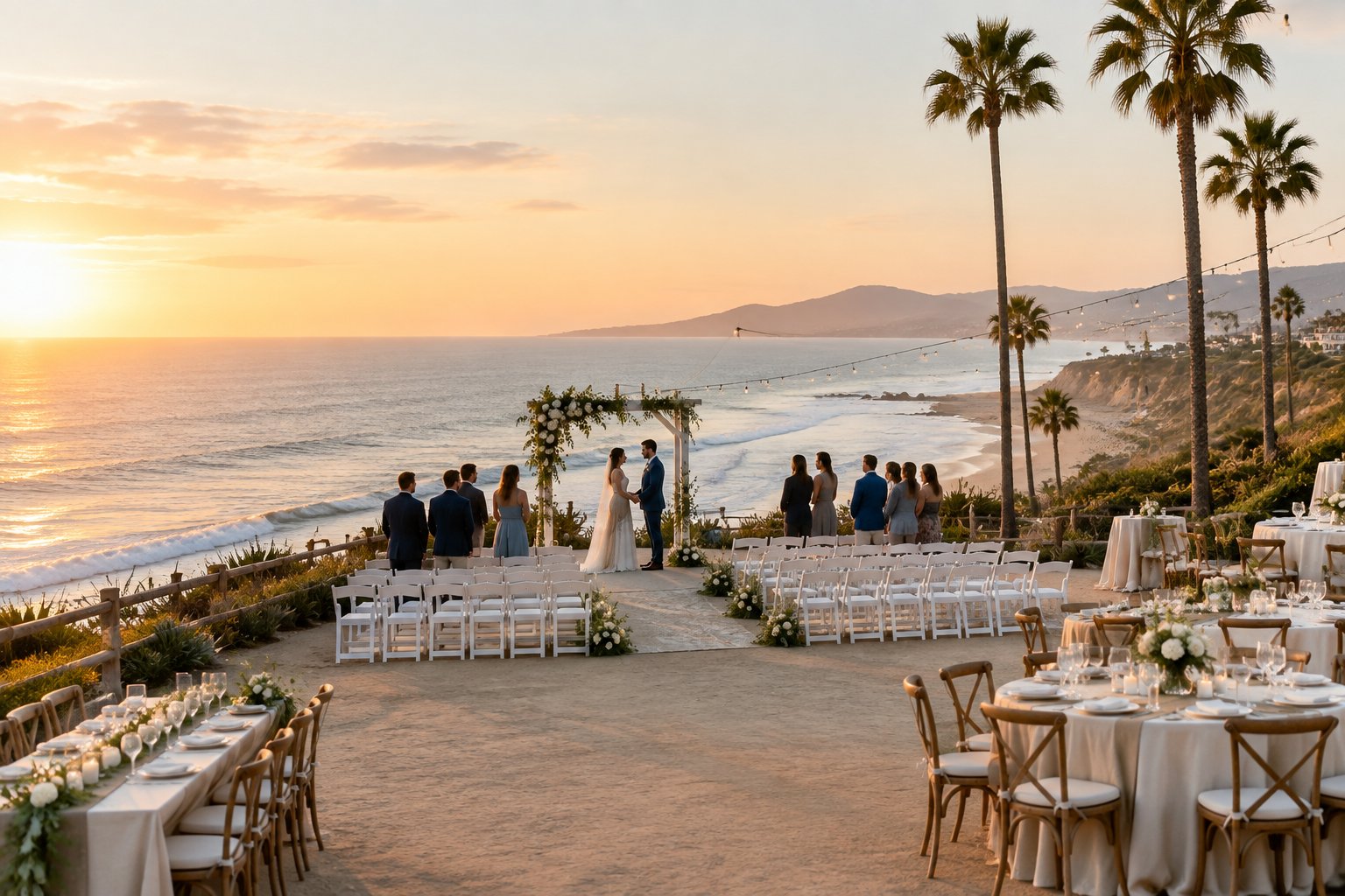 An elegant beach wedding ceremony overlooking the Pacific Ocean near Los Angeles.