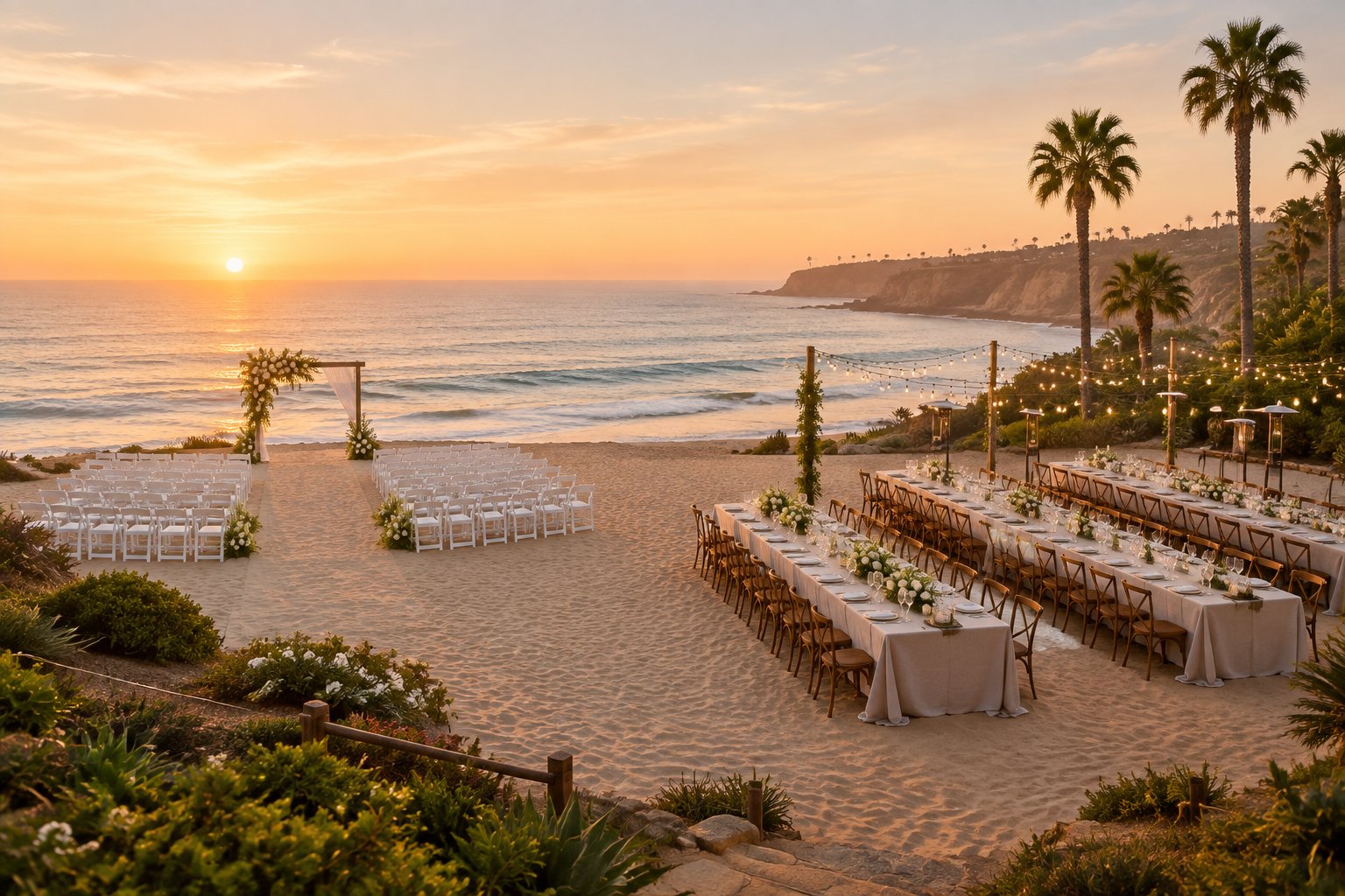 An elegant beach wedding ceremony and reception setup overlooking the ocean near Los Angeles.