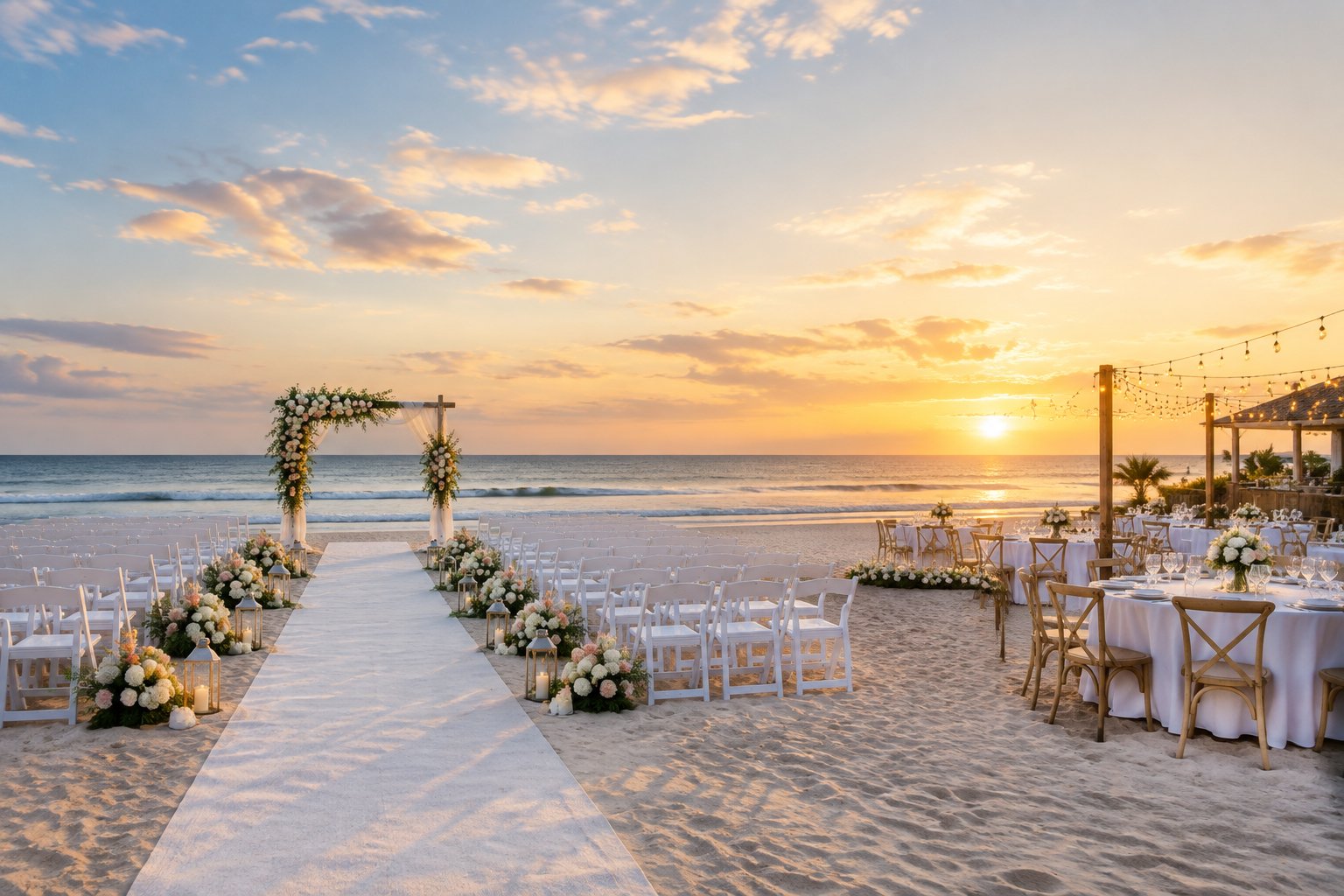 An elegant beach wedding ceremony and reception setup beside calm ocean waves.