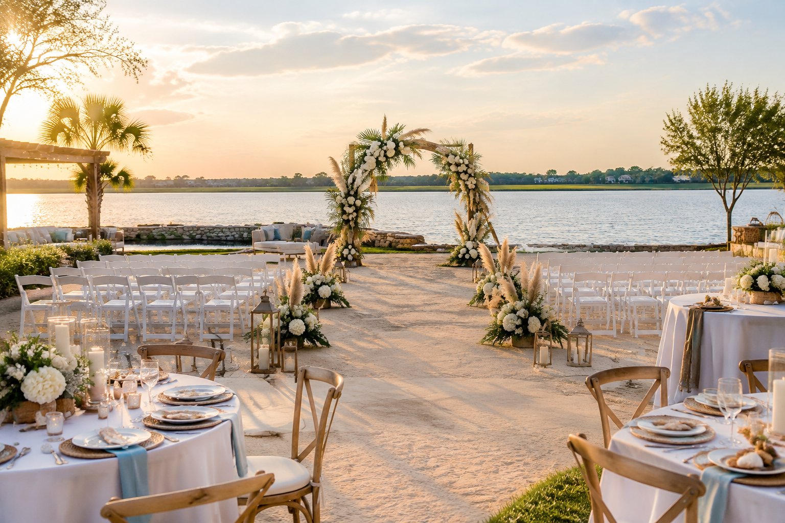 An elegant outdoor beach-themed wedding ceremony with a floral arch, white chairs, and coastal reception decor.