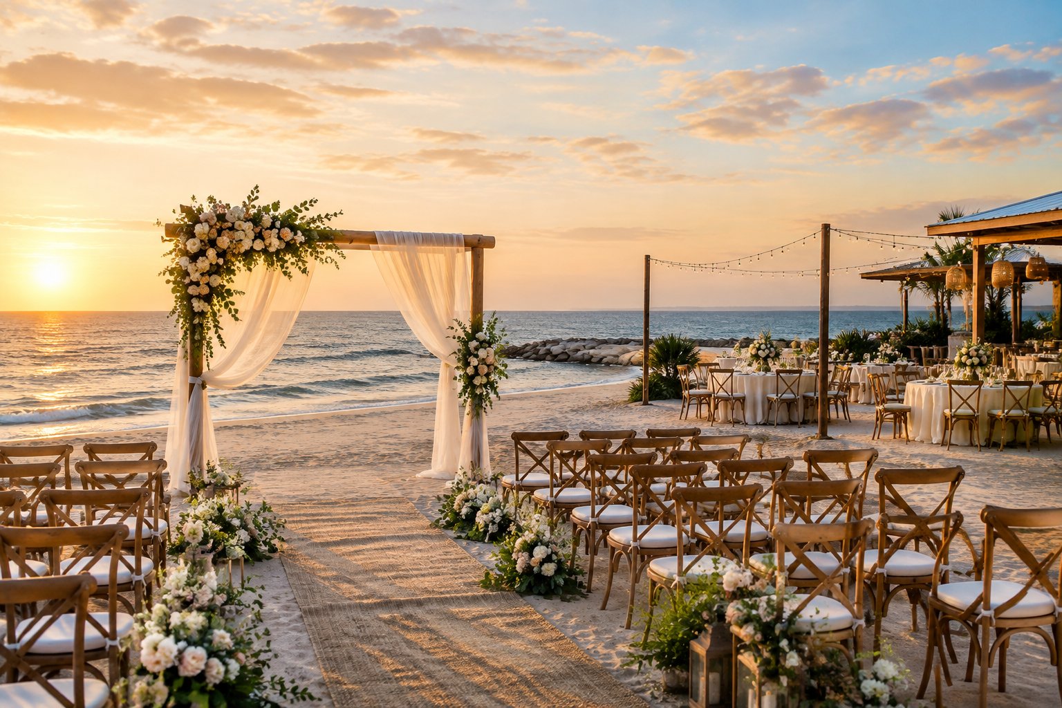 Elegant outdoor wedding venue beside calm water with white flowers, draped seating, and warm sunset light.