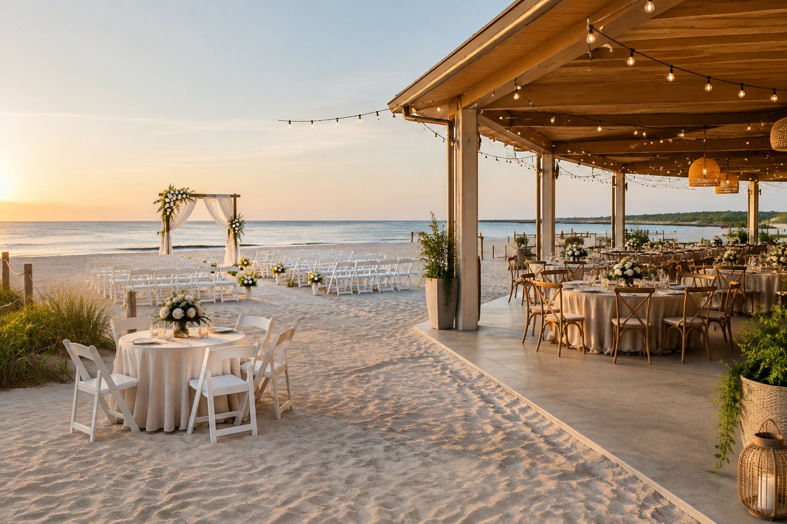 A decorated beach wedding venue with ceremony seating and reception tables beside the water.