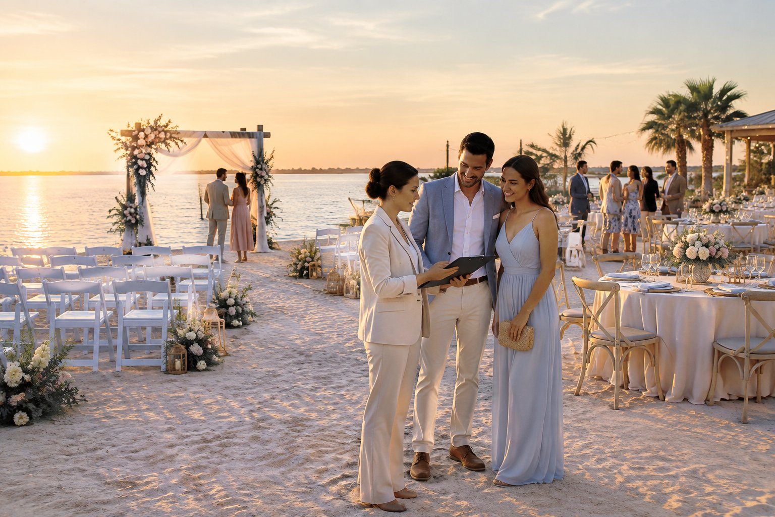 An elegant beach wedding venue setup with chairs, floral decorations, reception tables, and people reviewing the arrangements.