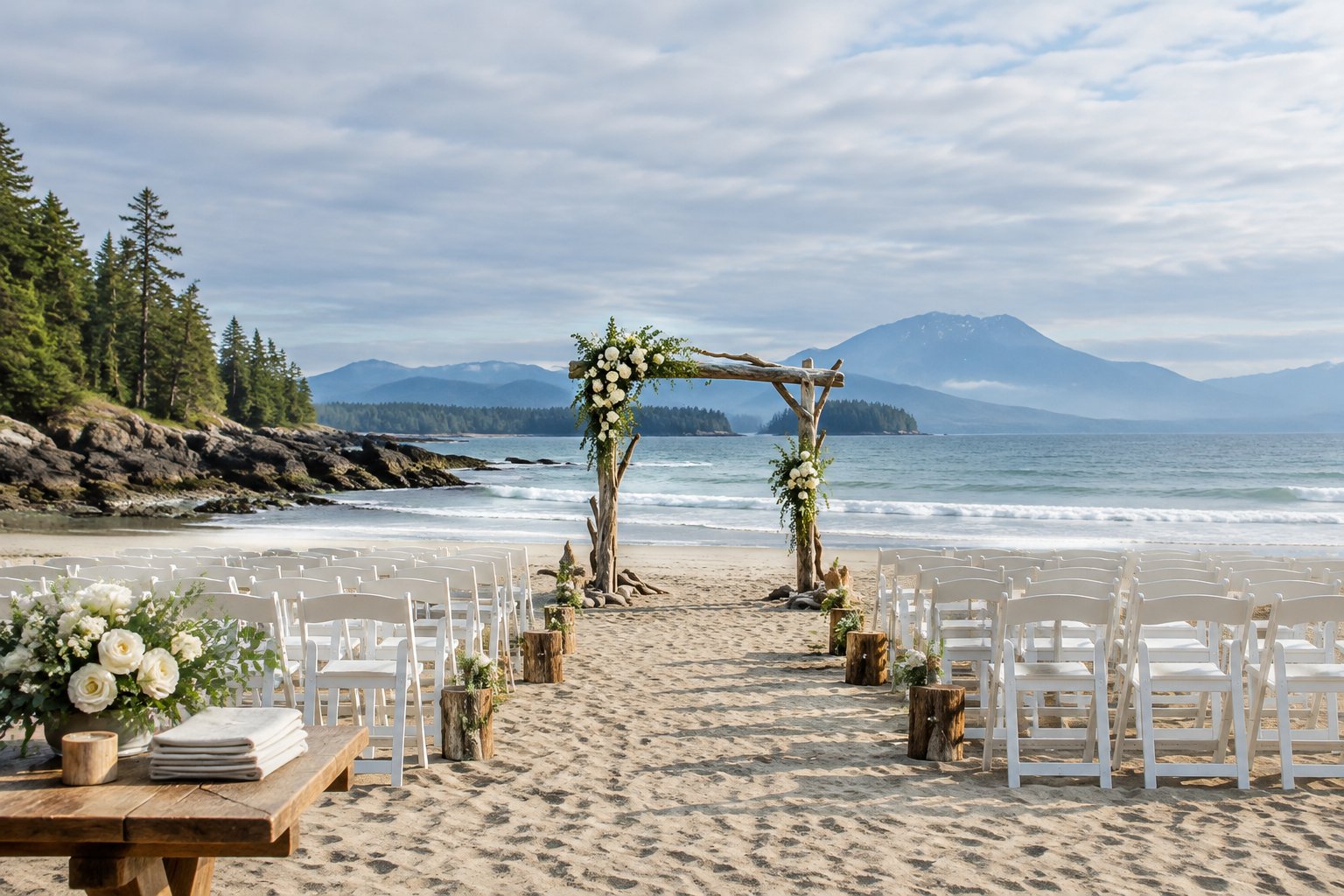 An elegant beach wedding ceremony setup on a sandy Vancouver Island beach with ocean waves, evergreen forest, and distant mountains.