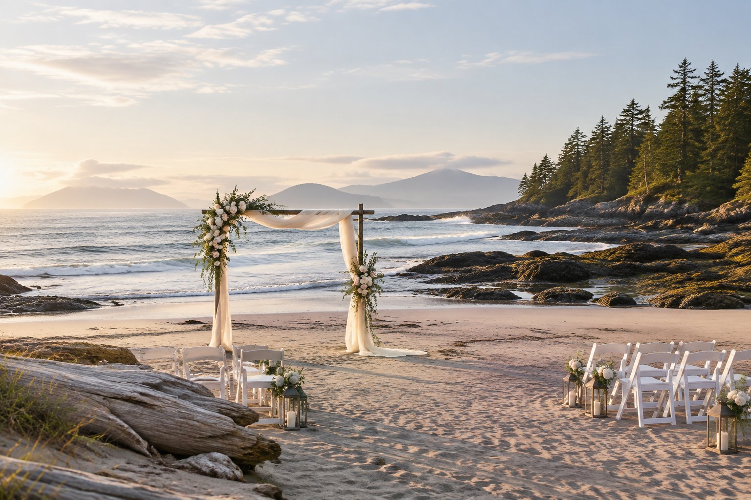 An elegant wedding ceremony setup on a sandy Vancouver Island beach beside a calm ocean, with flowers, guest chairs, driftwood, evergreens, and distant mountains.