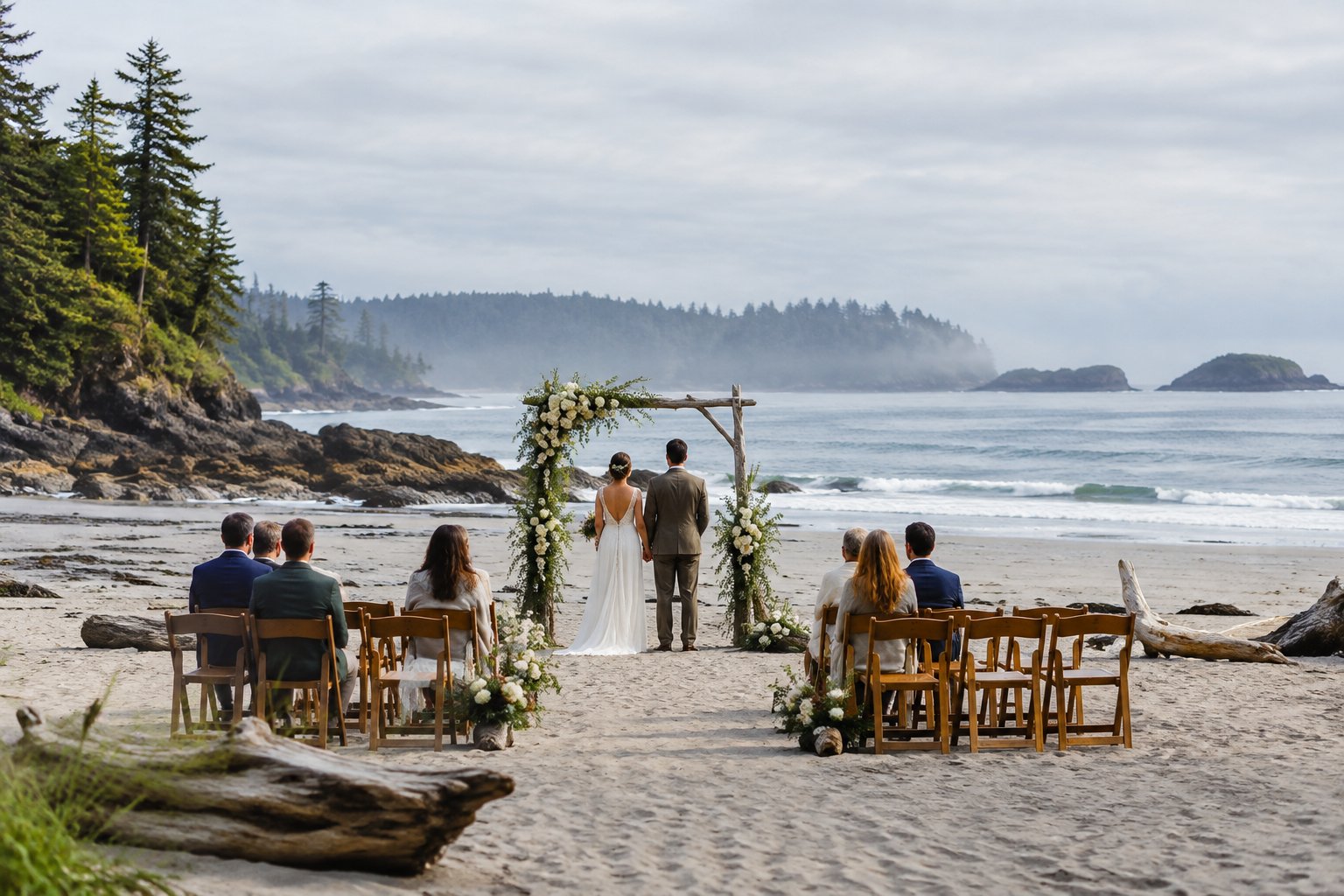 A coastal wedding ceremony is arranged on a sandy Vancouver Island beach with chairs, flowers, ocean waves, and forested shoreline.
