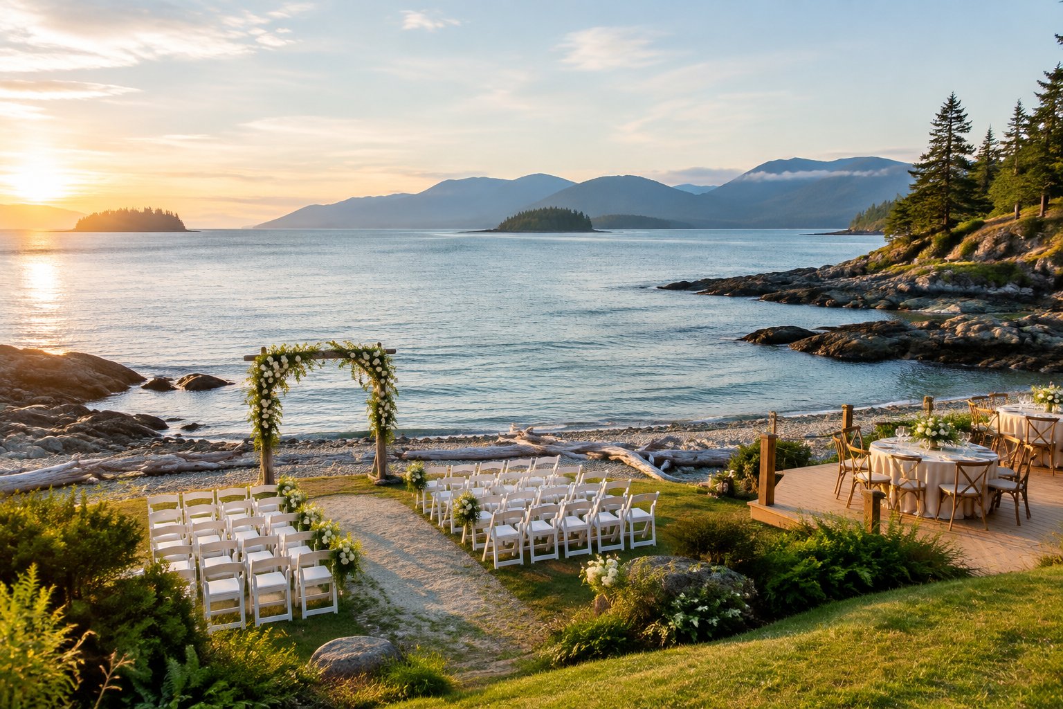 An elegant outdoor wedding ceremony overlooking a Vancouver Island beach, ocean, and forested coastline.