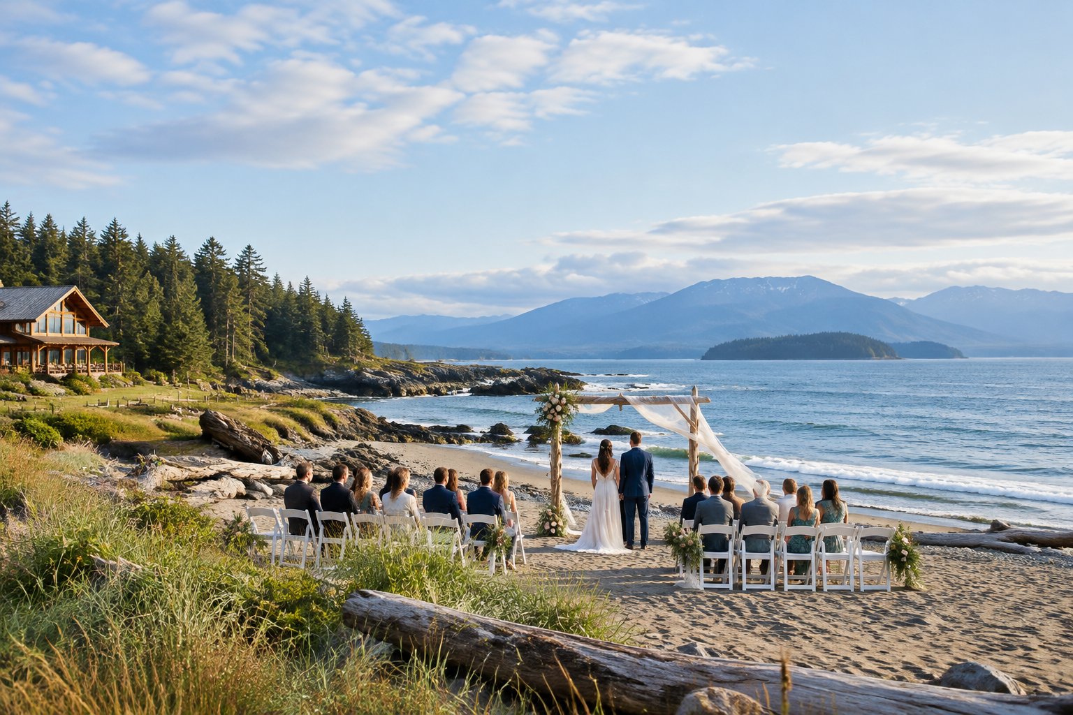 An elegant wedding ceremony setup on a sandy Vancouver Island beach beside evergreen forest and calm ocean water.