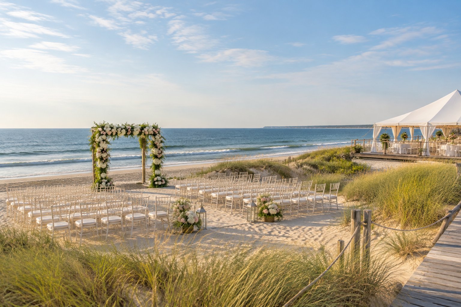 Elegant beach wedding setup overlooking the ocean on a sandy Long Island shoreline.