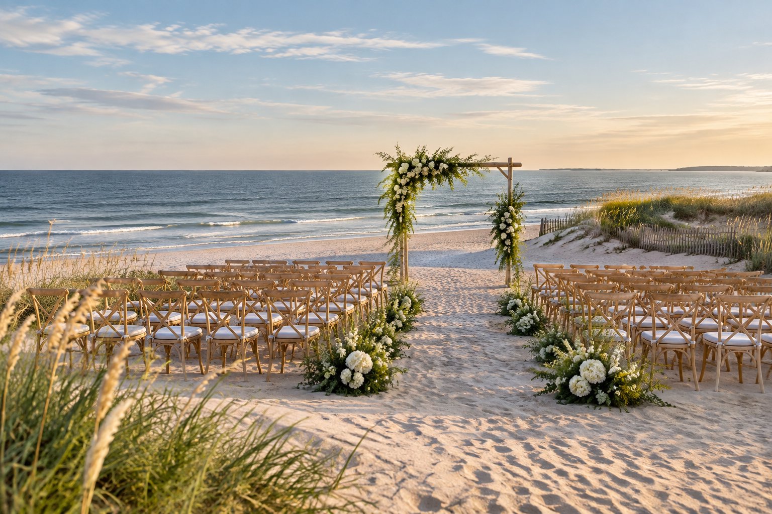 An elegant wedding ceremony setup on a sandy Long Island beach overlooking the ocean.