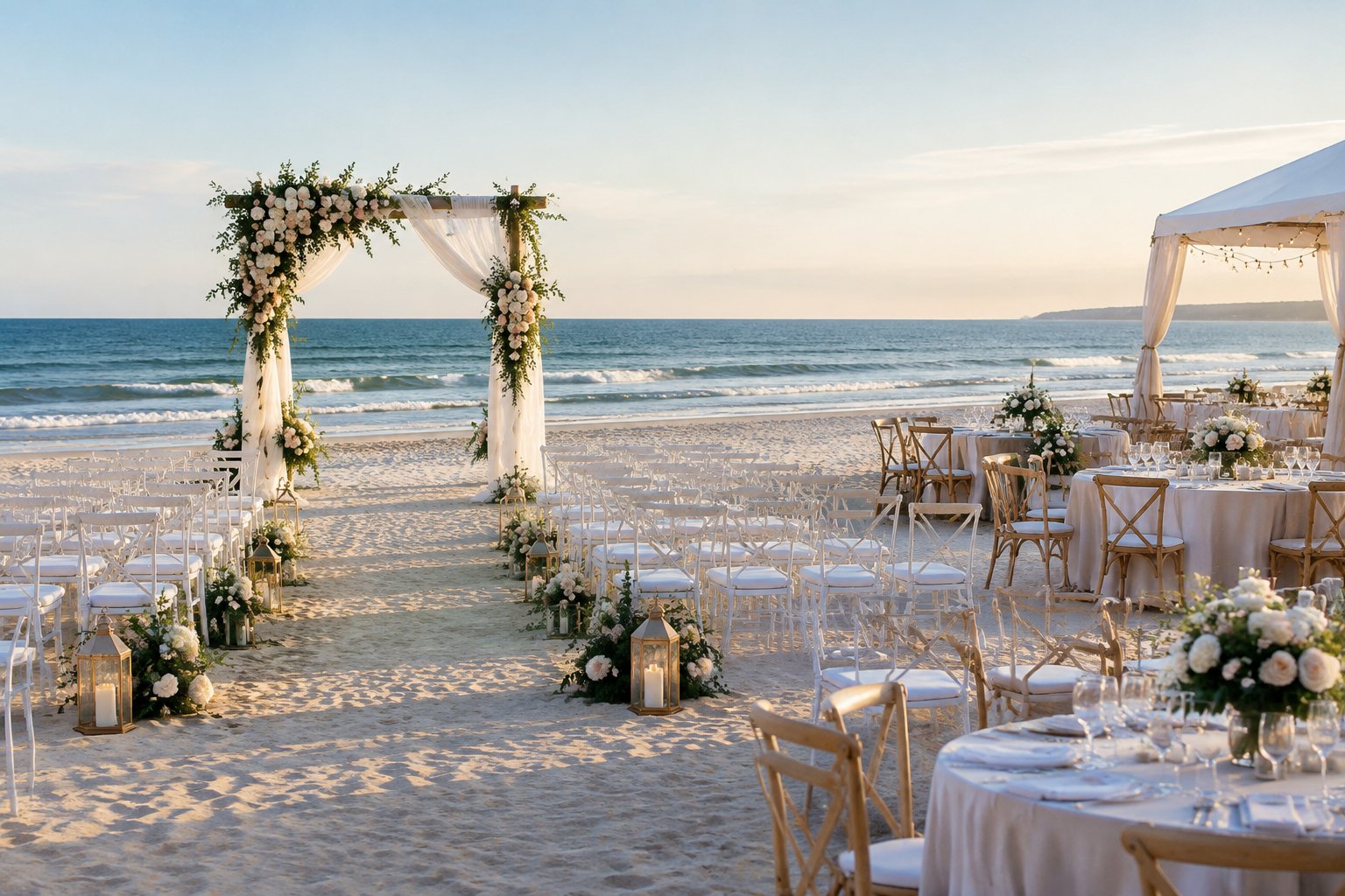 Elegant beach wedding ceremony setup overlooking the ocean on Long Island.