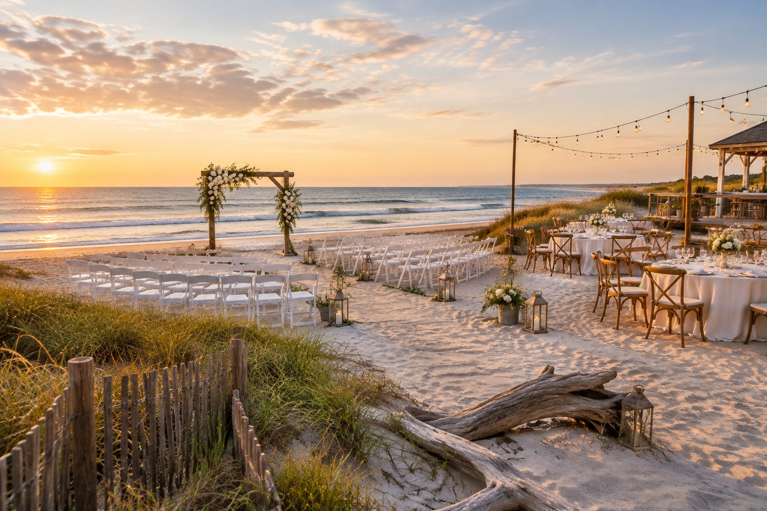 Elegant wedding ceremony and reception setup on a sandy beach beside the ocean.