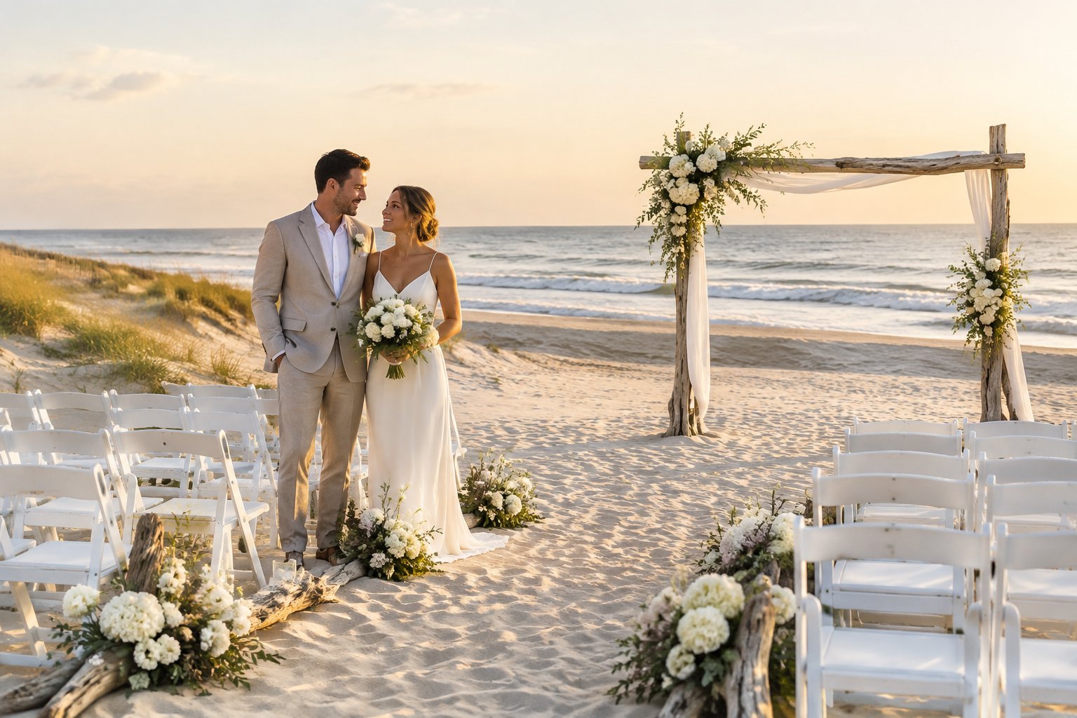 A bride and groom stand beside an elegant wedding ceremony setup on a sandy beach with gentle waves behind them.