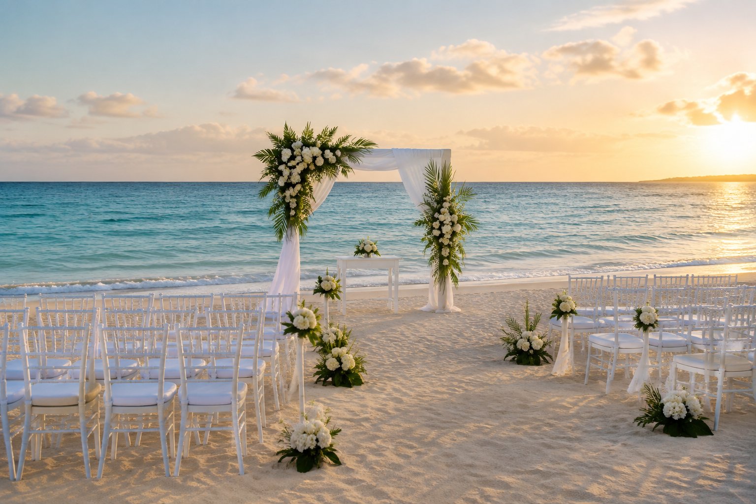 Elegant wedding ceremony setup with white chairs and a floral arch on a sandy beach overlooking calm ocean water.
