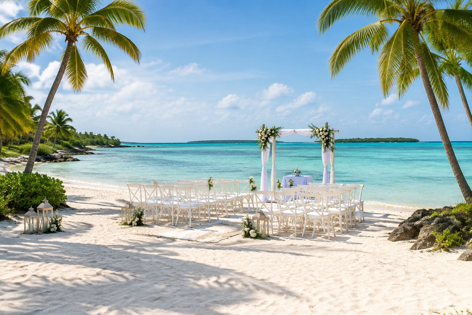 A tropical beach wedding ceremony setup with white chairs, a floral arch, palm trees, and turquoise ocean water.