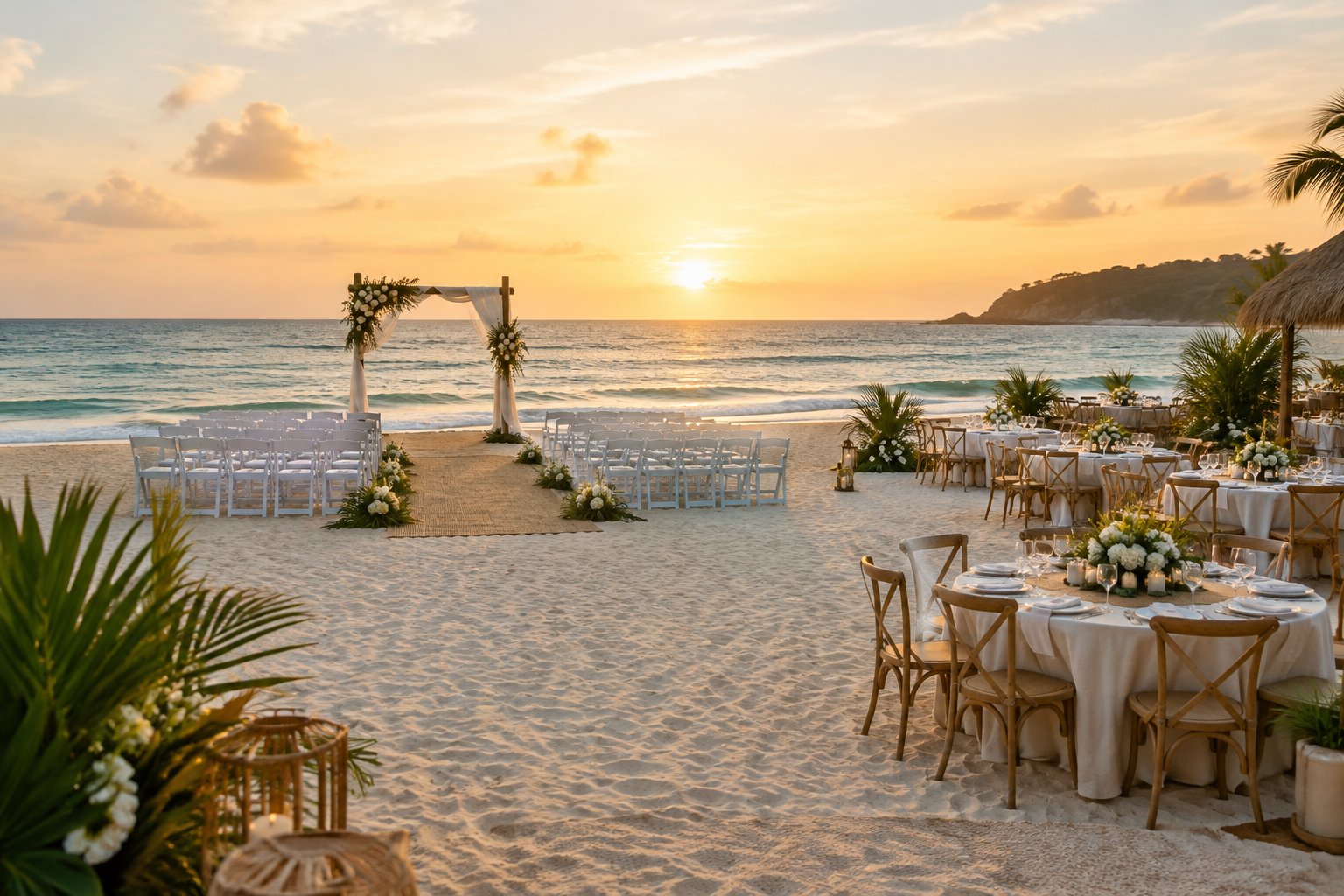 A beach wedding venue with a decorated ceremony area and reception tables overlooking the ocean.