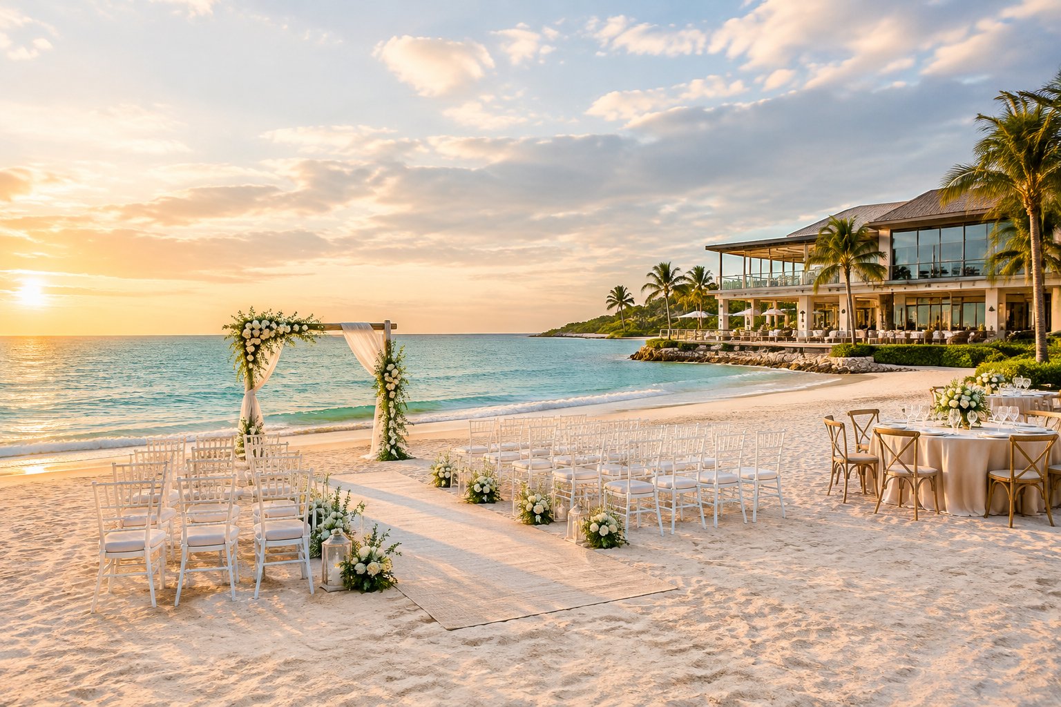 Elegant beach wedding ceremony setup beside a coastal venue overlooking the ocean.