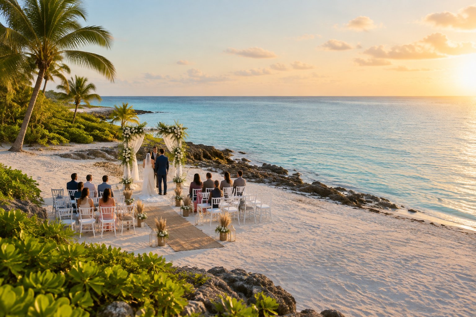 An elegant beach wedding ceremony set up along a sunny Florida Keys shoreline.