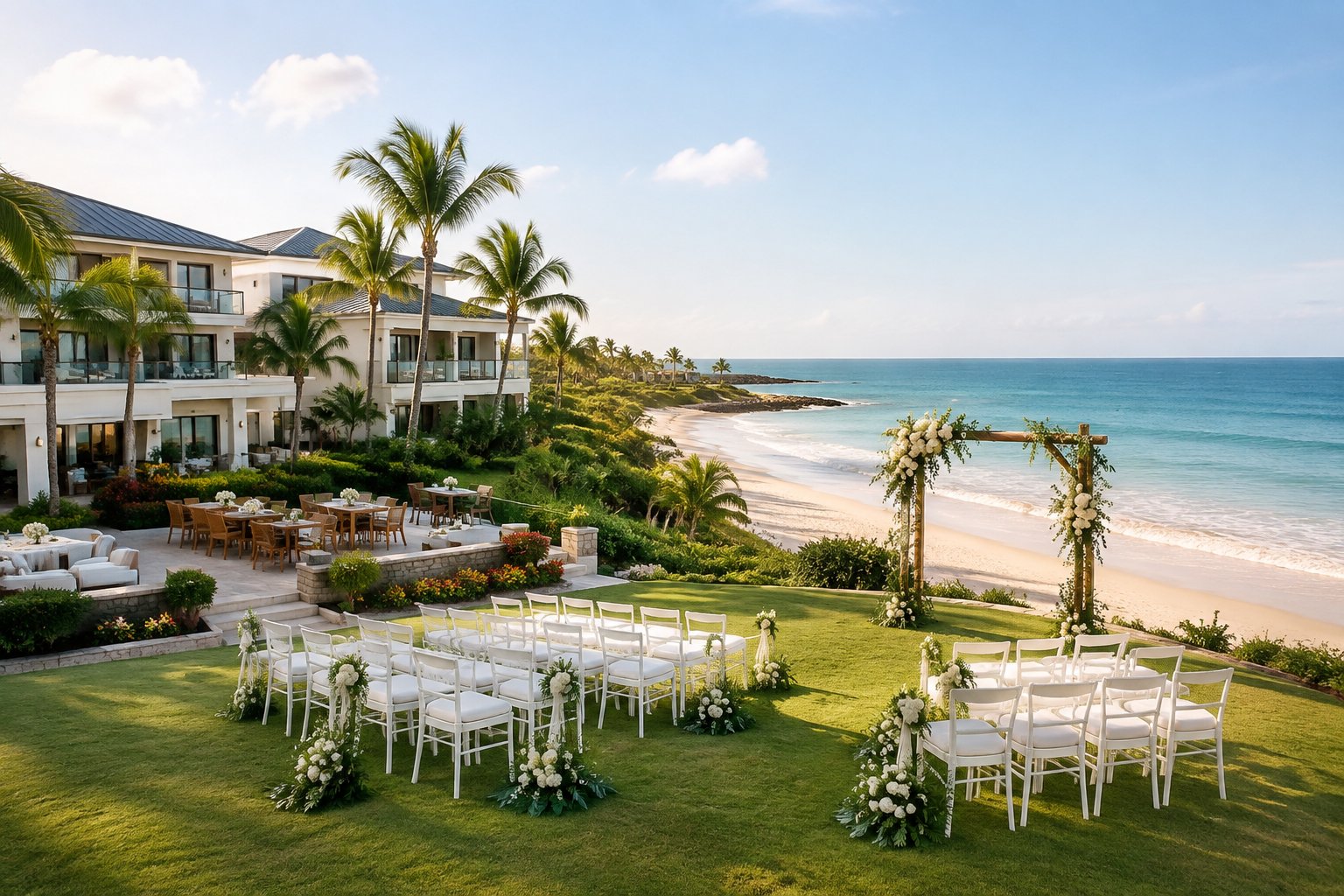 A beachfront wedding venue with decorated chairs, a floral arch, ocean views, and nearby guest lodging.