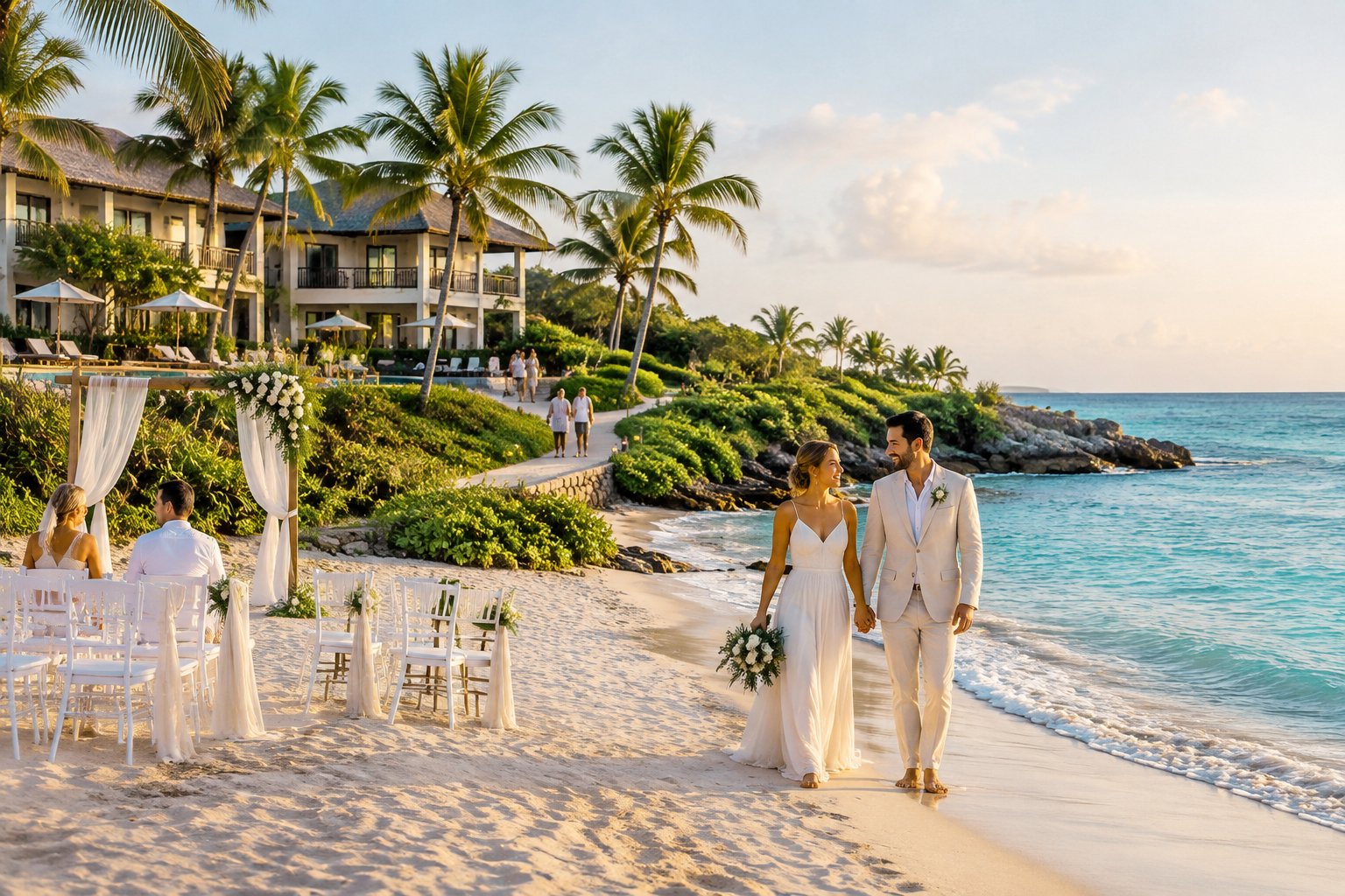 A couple walks along a beach beside a wedding ceremony setup and nearby resort lodging.