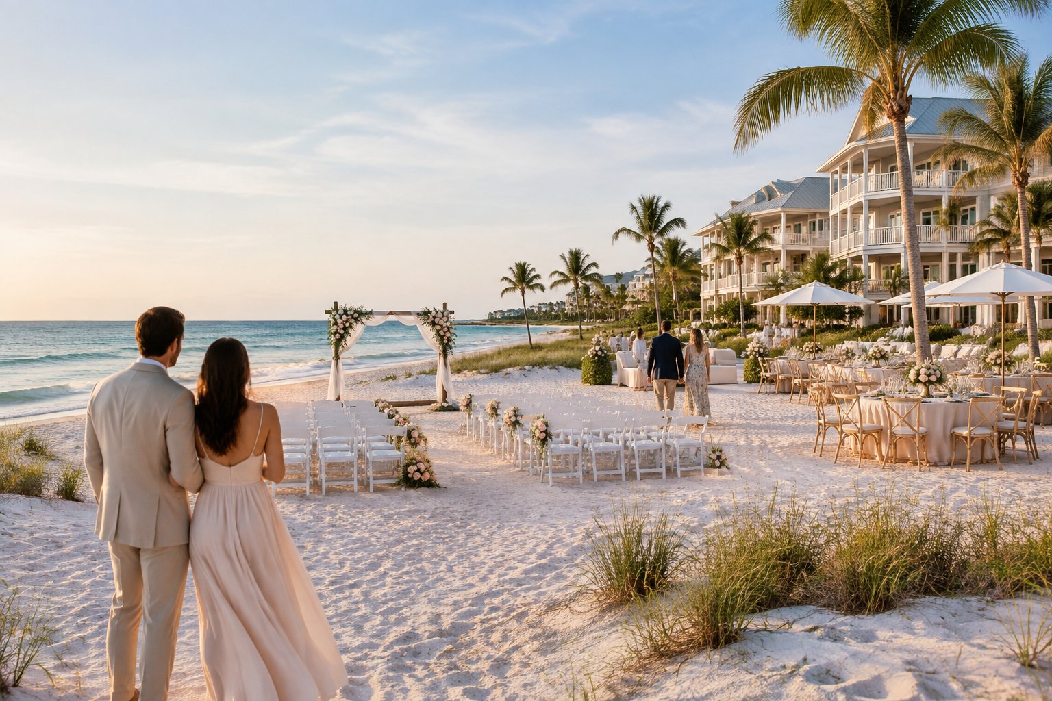 A beach wedding ceremony setup beside a coastal resort with guest lodging and a calm ocean view.