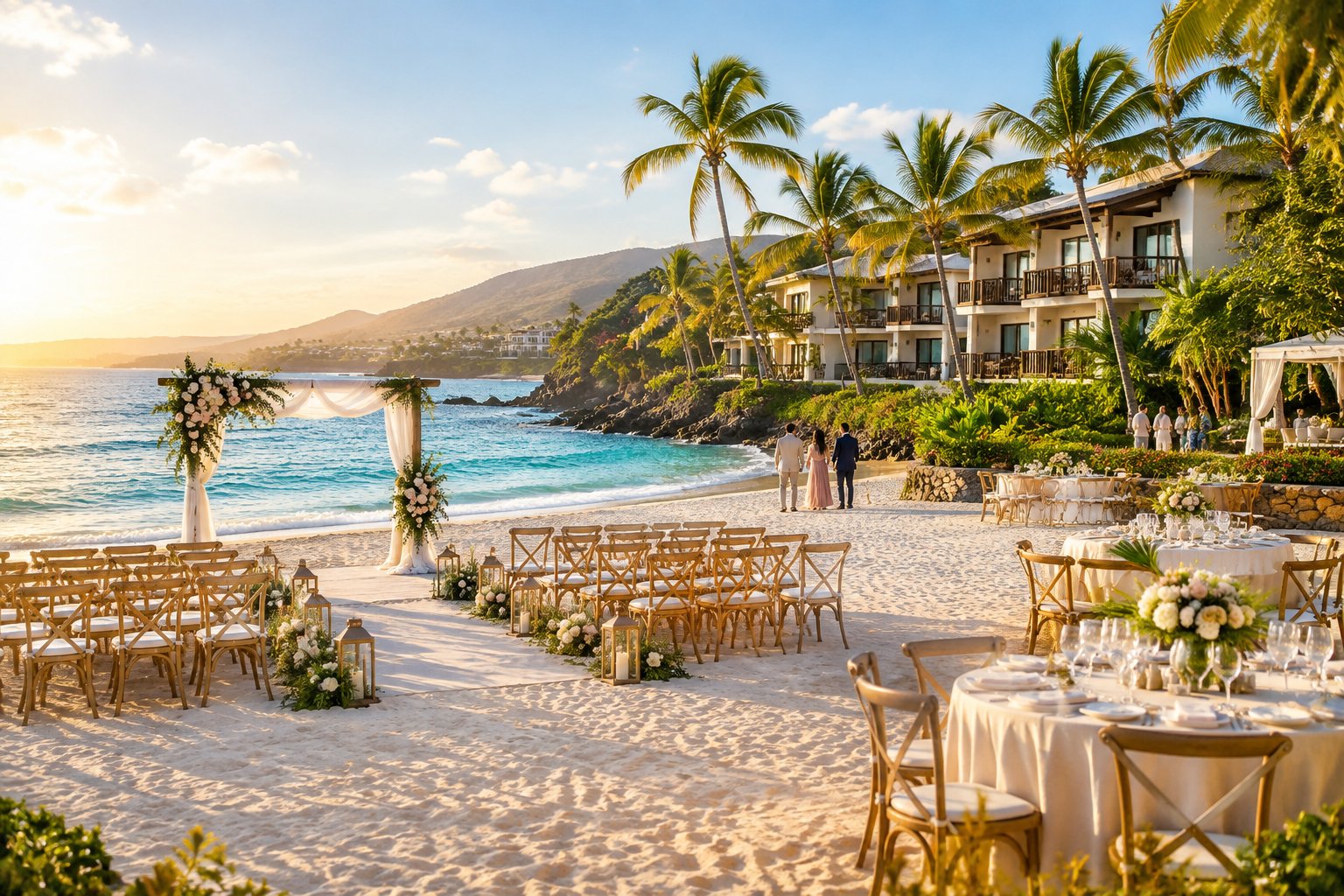 A seaside wedding ceremony setup at a tropical resort with guest lodging, palm trees, and turquoise ocean water.