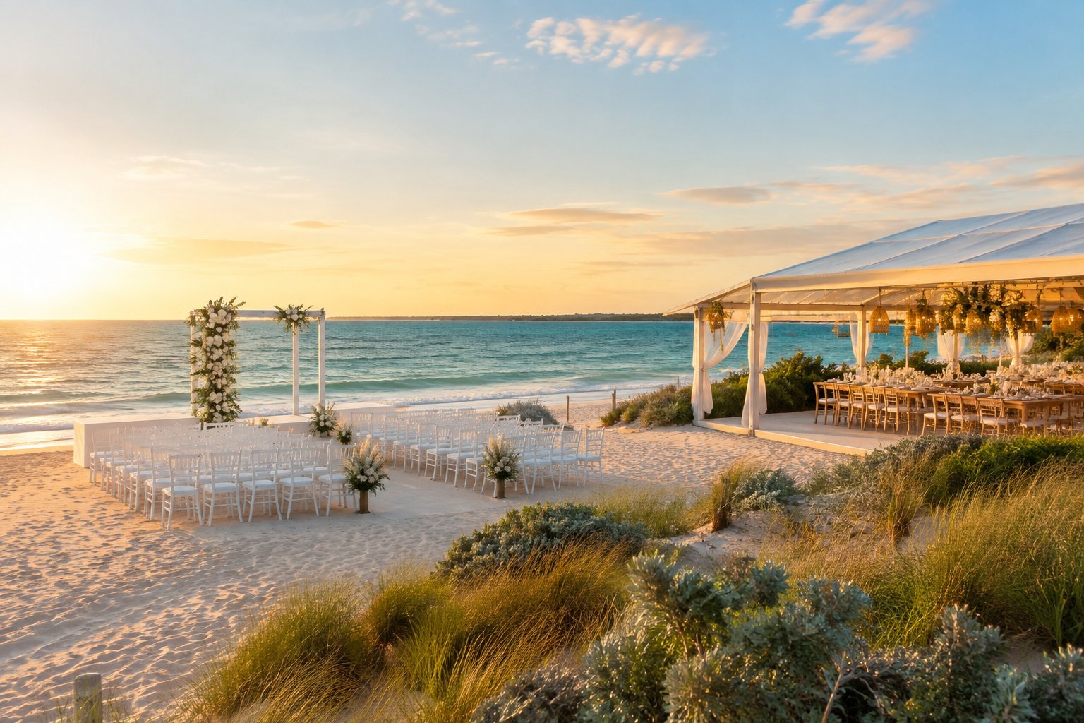 An elegant wedding ceremony setup on a sandy Perth beach beside the turquoise ocean.
