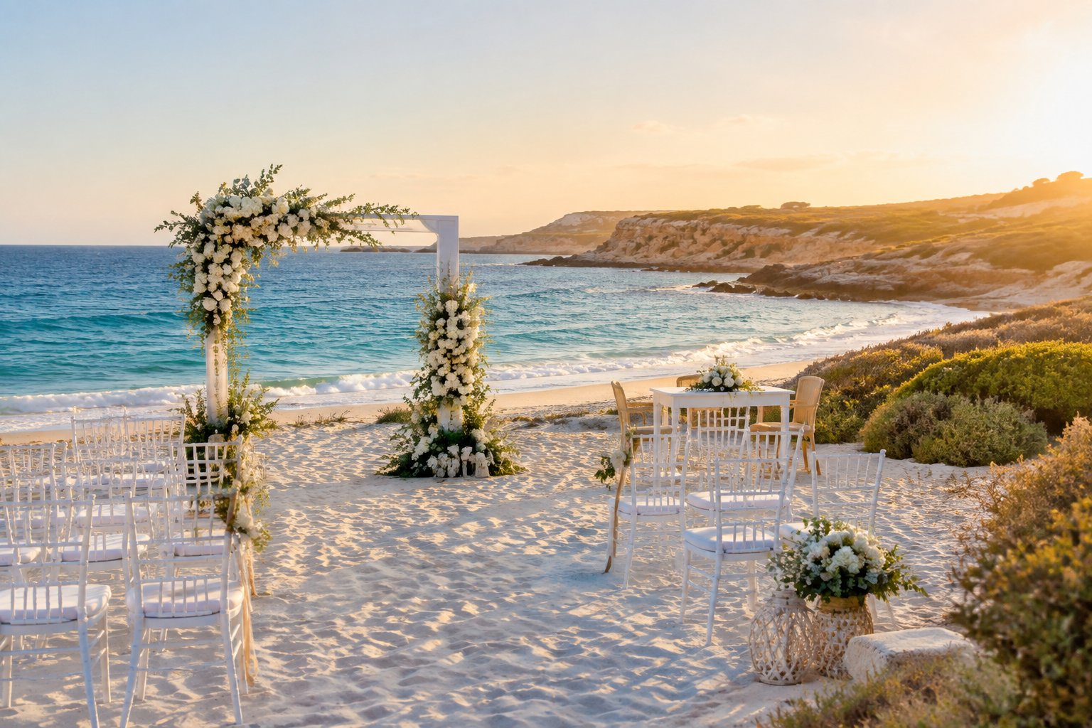 An elegant beach wedding ceremony beside turquoise water with a floral arch, white chairs, sandy shore, and coastal cliffs.