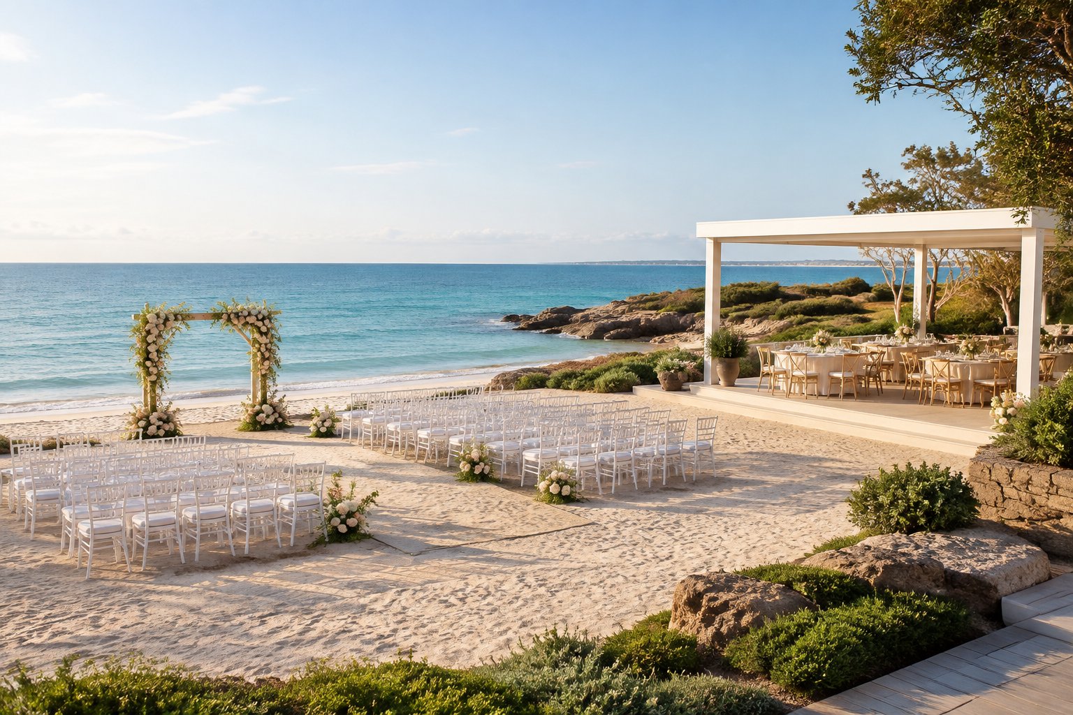A beach wedding venue in Perth with white ceremony chairs, floral decorations, and a reception setup beside turquoise ocean water.
