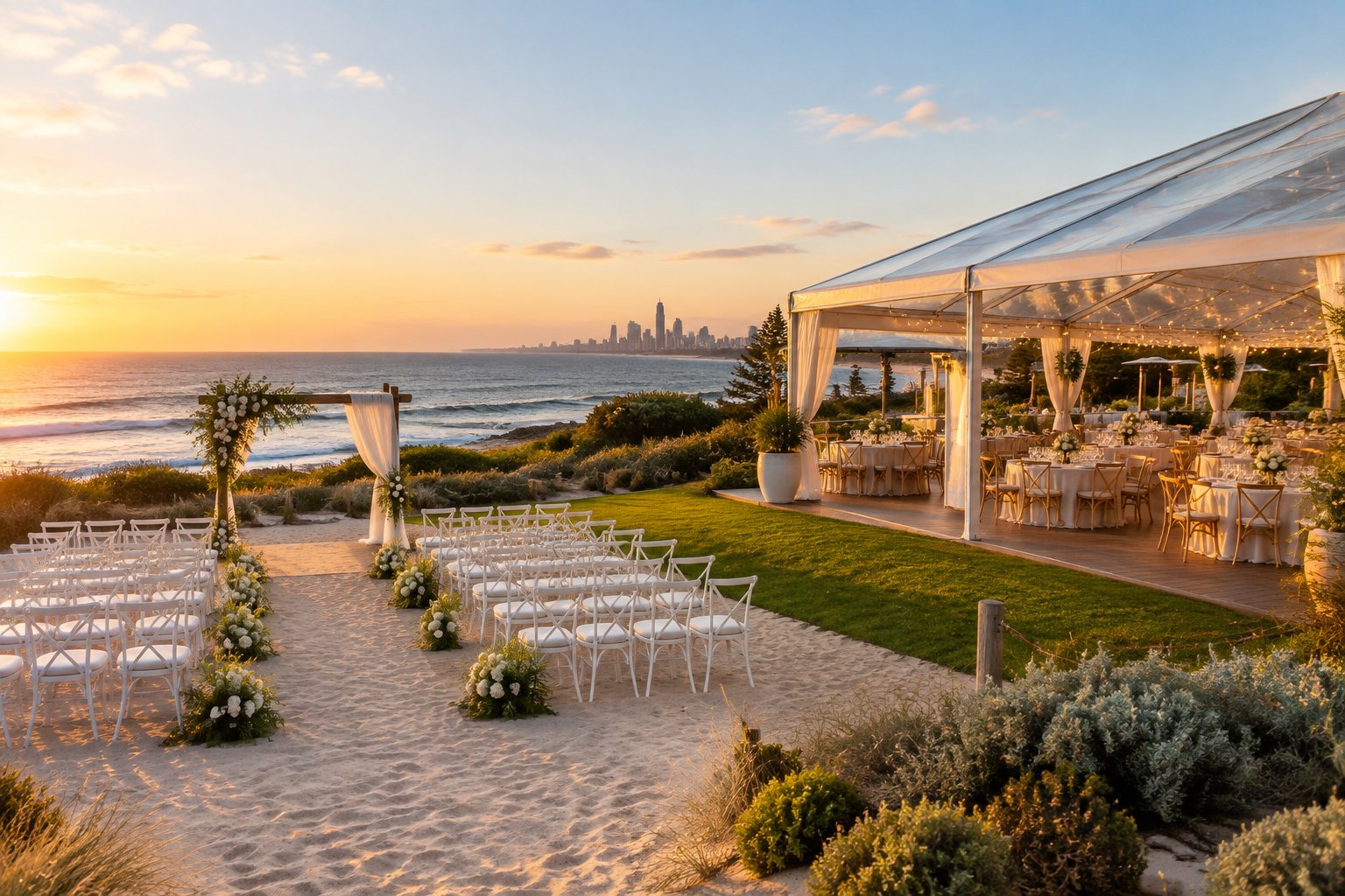A beachfront wedding venue showing an ocean-facing ceremony area beside an elegant outdoor reception space.