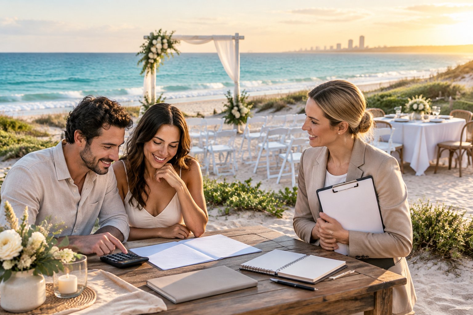 A couple and wedding planner review blank paperwork beside an elegant beach wedding setup on the Perth coast.