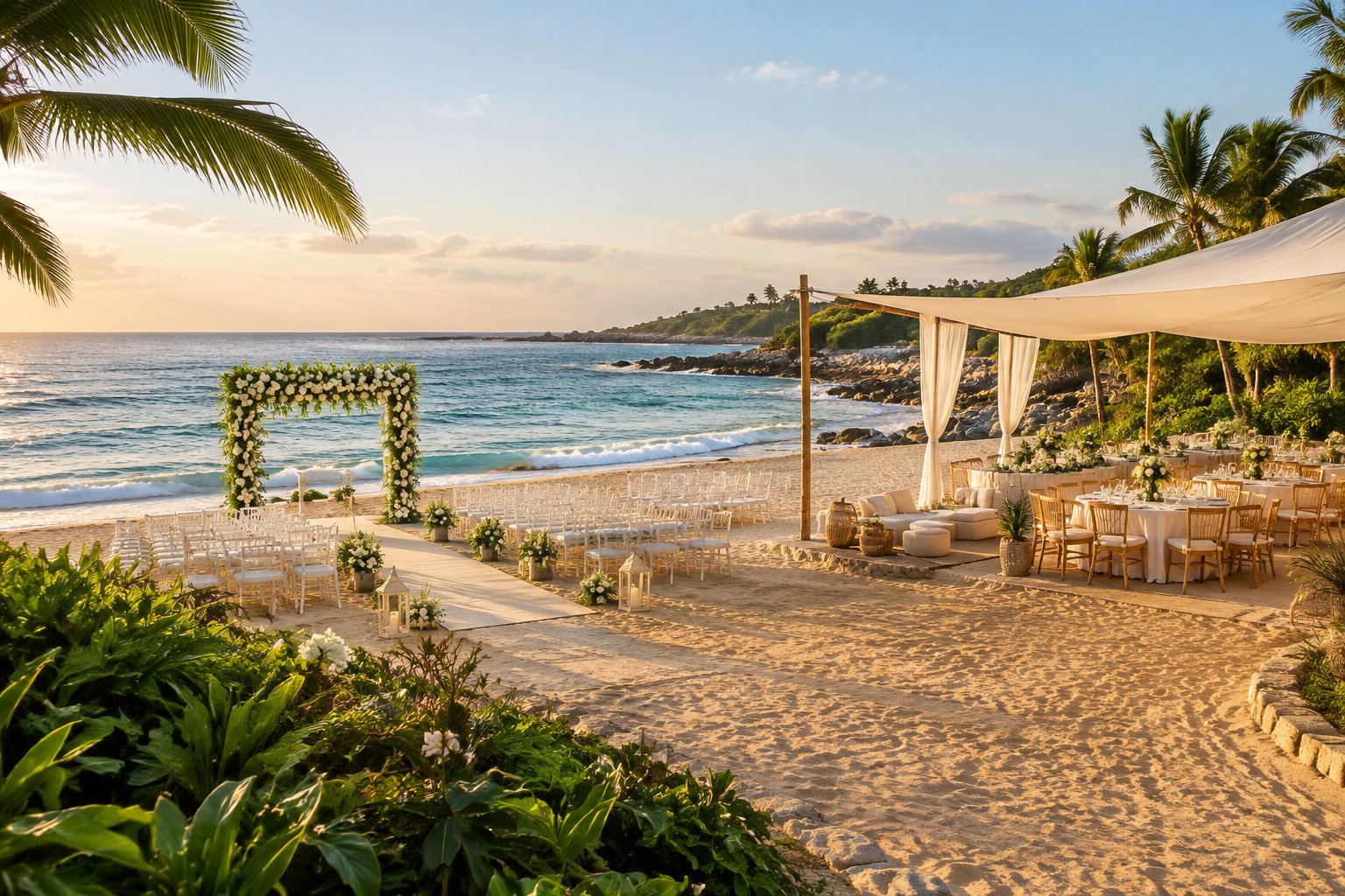 An elegant outdoor wedding ceremony setup on a sunny beach with white chairs, flowers, turquoise water, and palm trees.