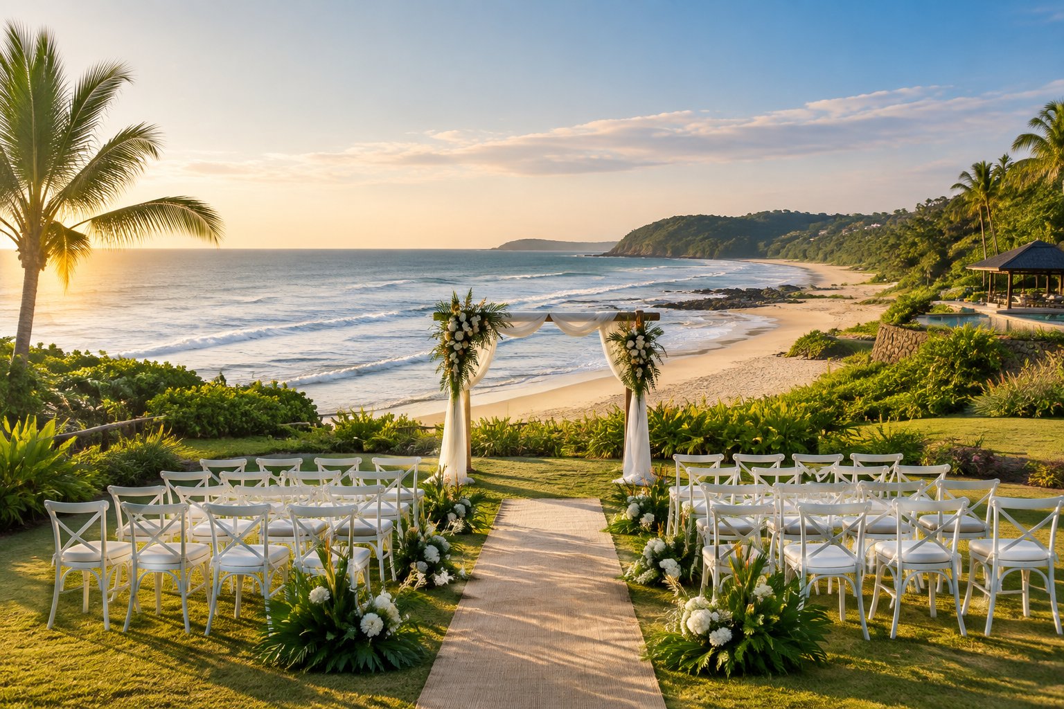 A decorated beach wedding ceremony overlooking the KwaZulu-Natal coast.