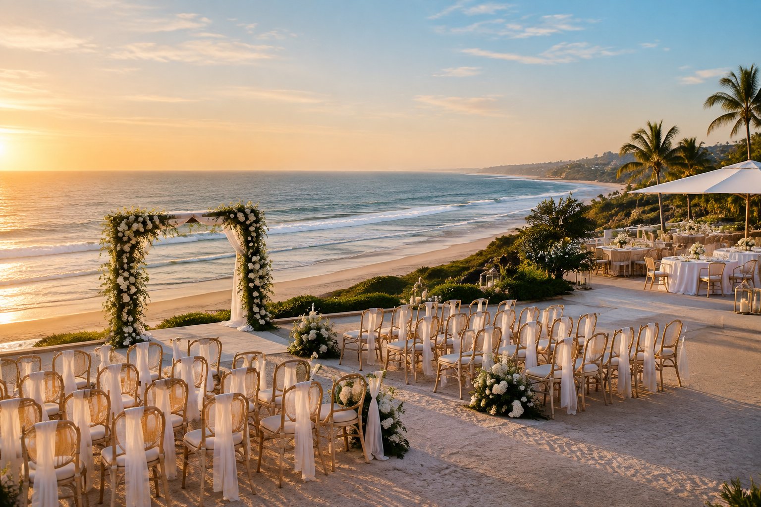 An elegant beach wedding ceremony overlooks the ocean on a sunny tropical coast.