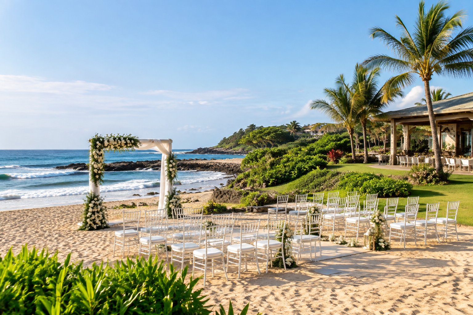 A coastal wedding venue with a decorated ceremony area between a sandy beach and a lush tropical garden.