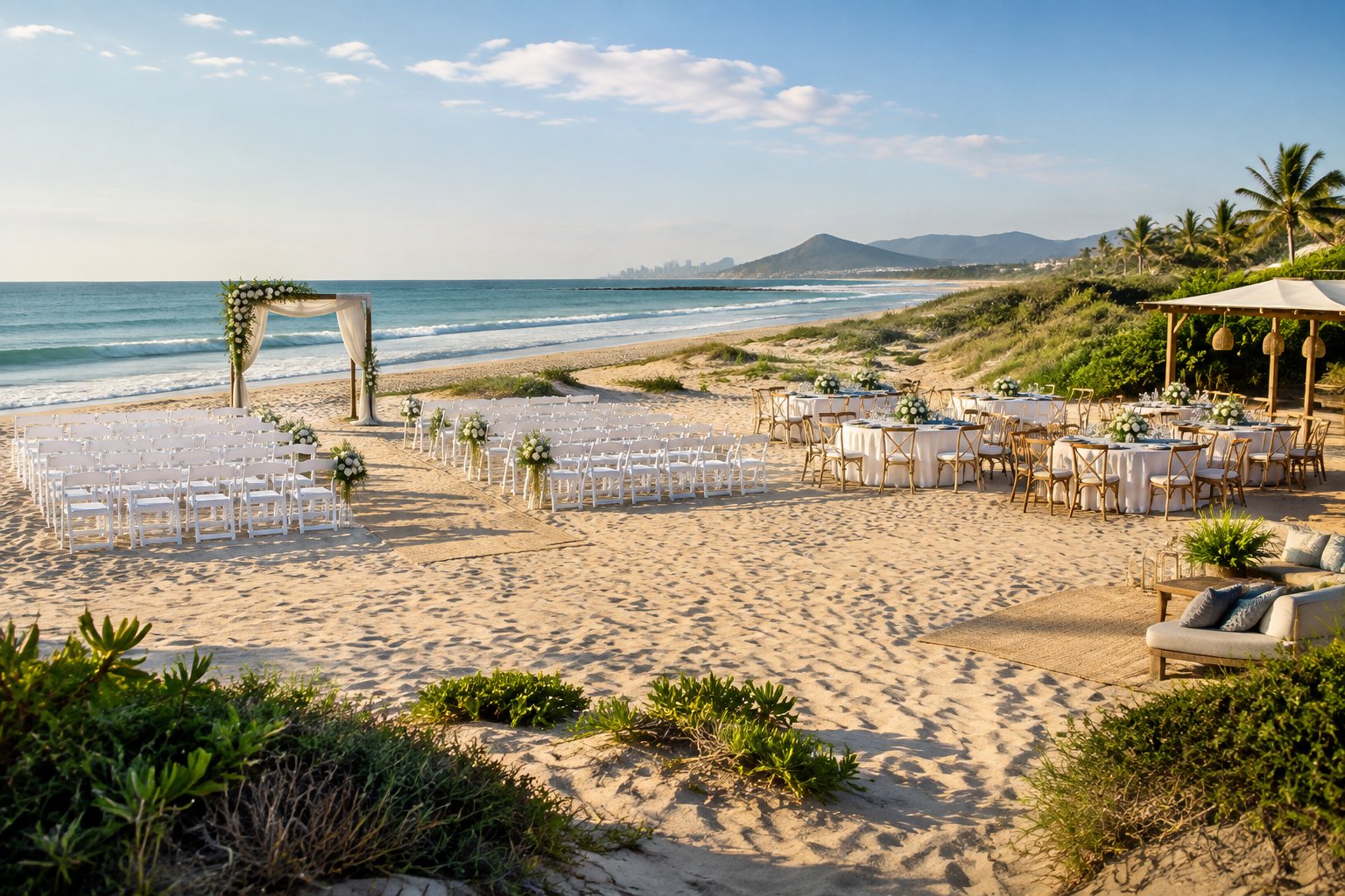 A beachfront wedding ceremony and reception setup beside the ocean.