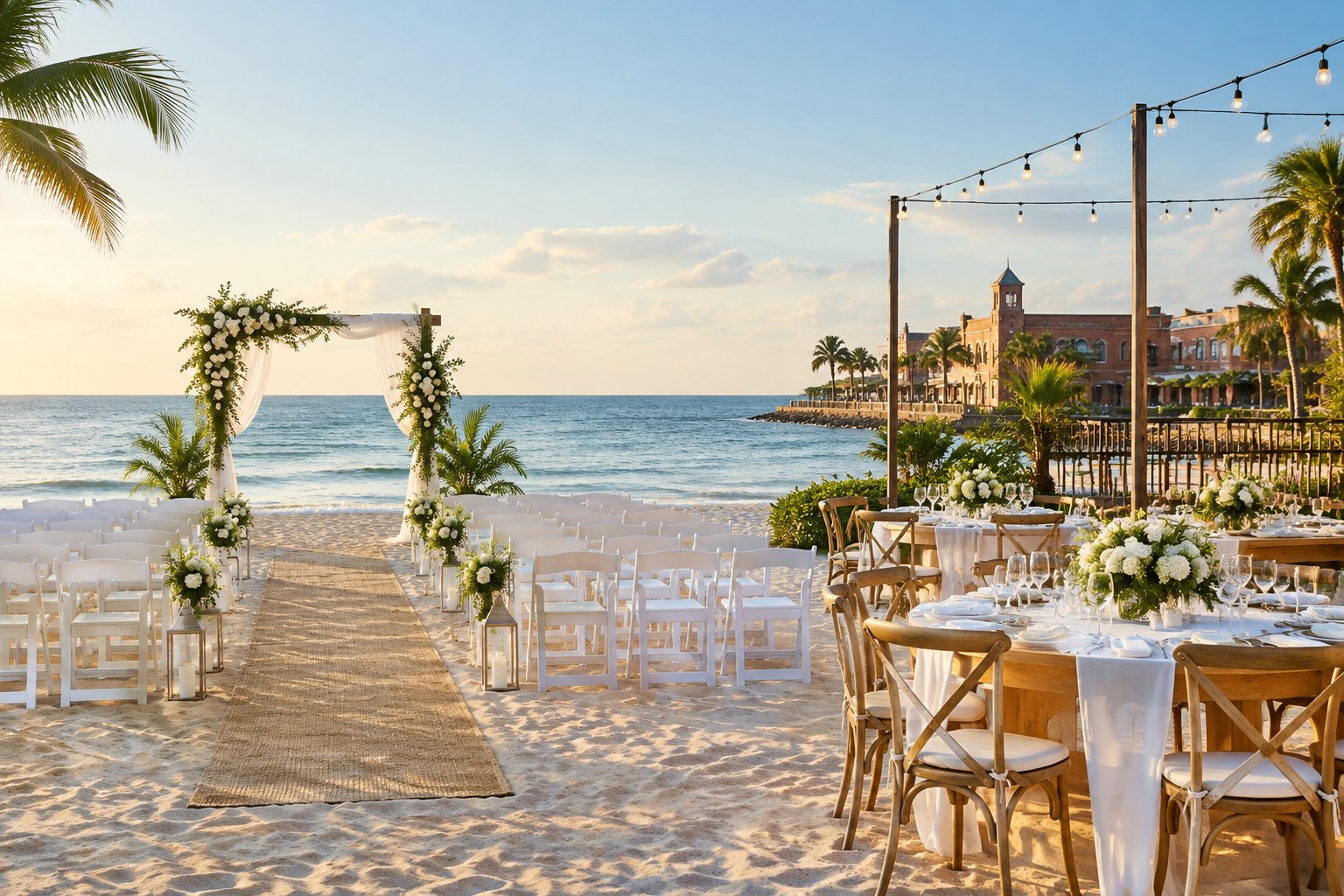 Elegant beach wedding ceremony and reception setup beside the ocean with white chairs, flowers, and a decorated arch.