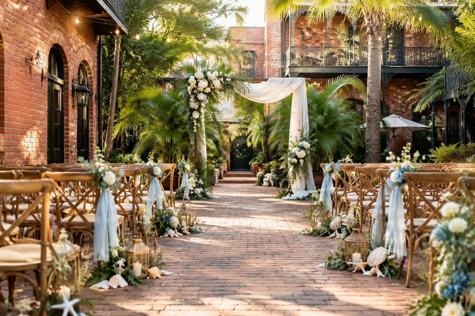 A beach-inspired wedding ceremony arranged in a tropical historic brick courtyard.