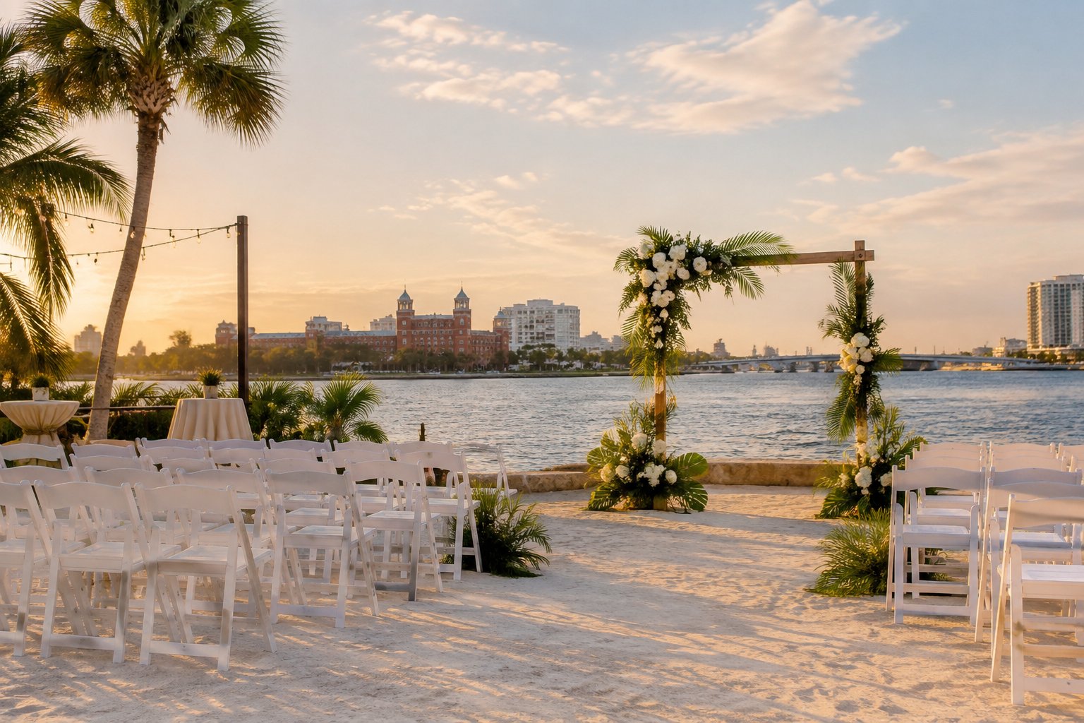 An elegant beachside wedding ceremony setup beside a waterfront venue.